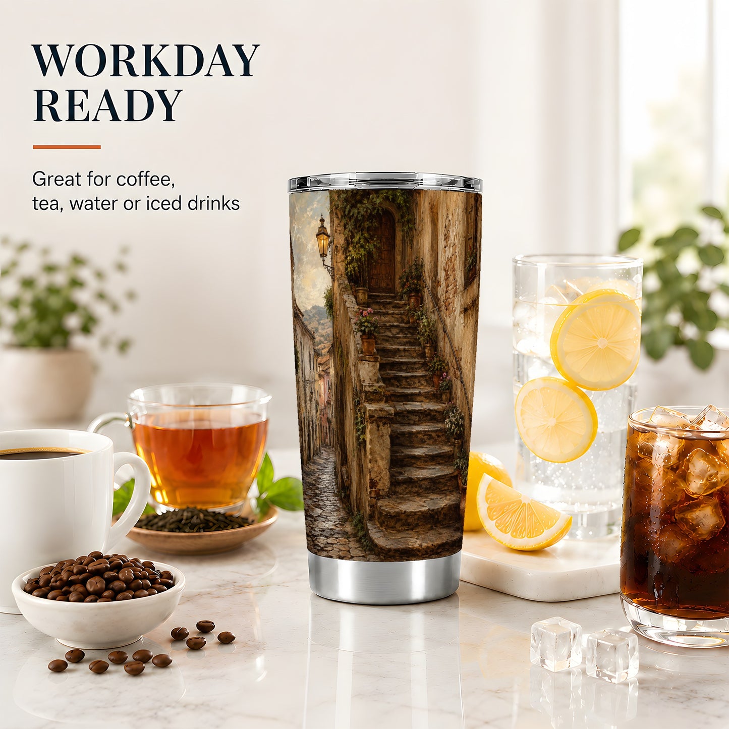 #pl[20oz|Steel] Old Village Staircase 20oz Skinny Tumbler, Rustic European Street Art