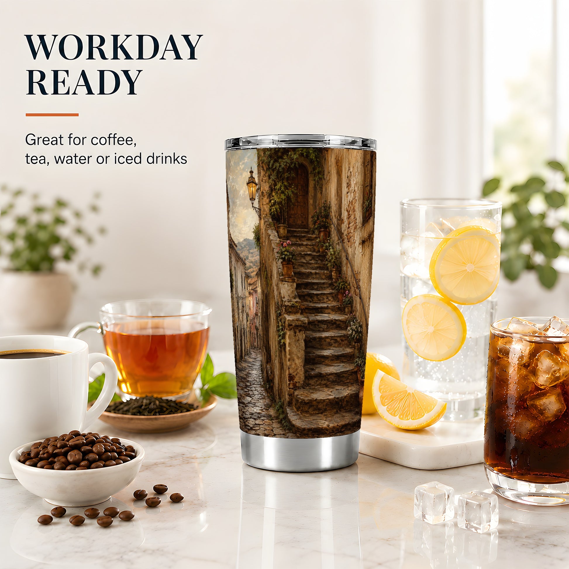 #pl[20oz|Steel] Old Village Staircase 20oz Skinny Tumbler, Rustic European Street Art