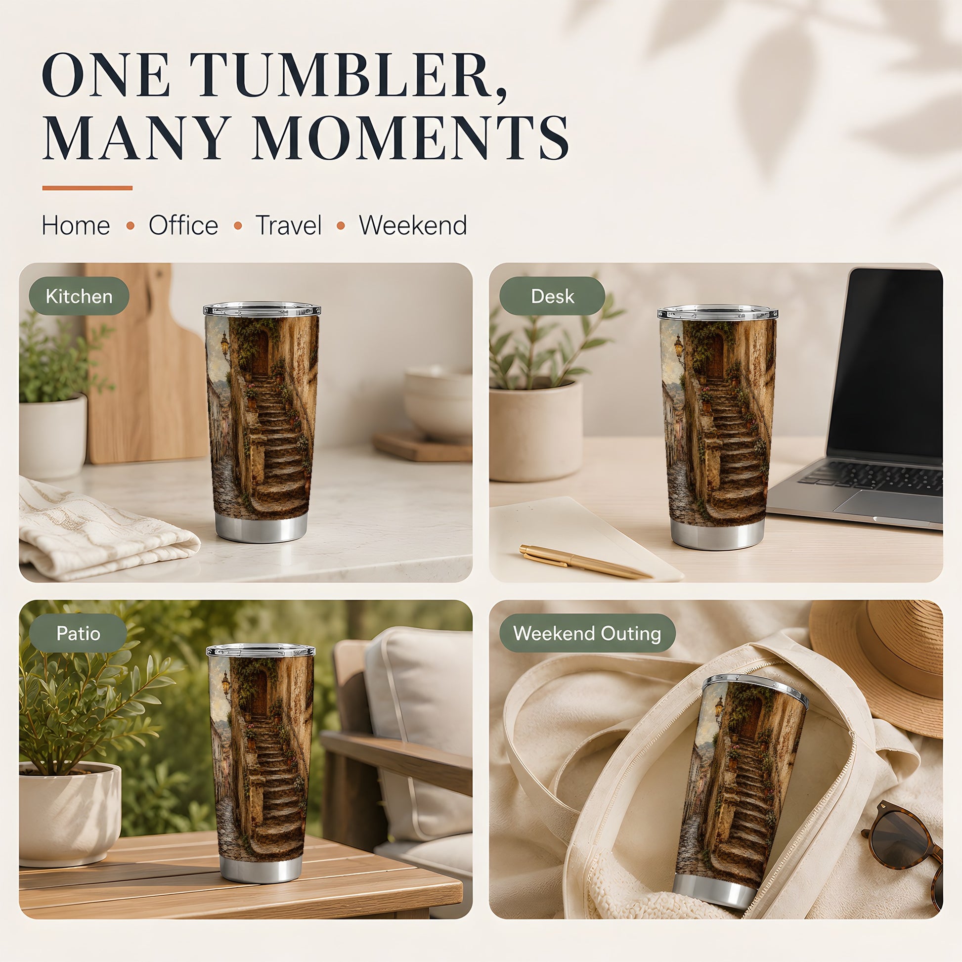#pl[20oz|Steel] Old Village Staircase 20oz Skinny Tumbler, Rustic European Street Art