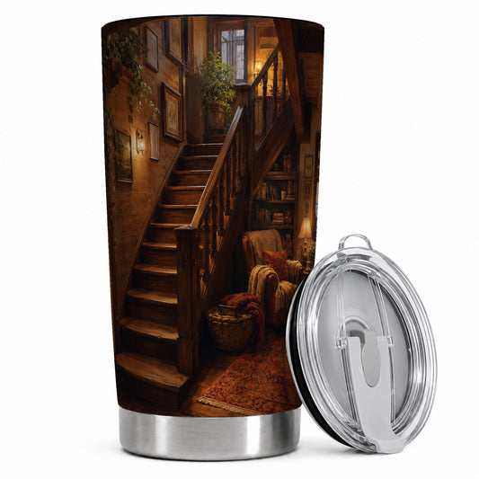 Cozy Wooden Staircase 20oz Skinny Tumbler, Warm Cottage Interior Art