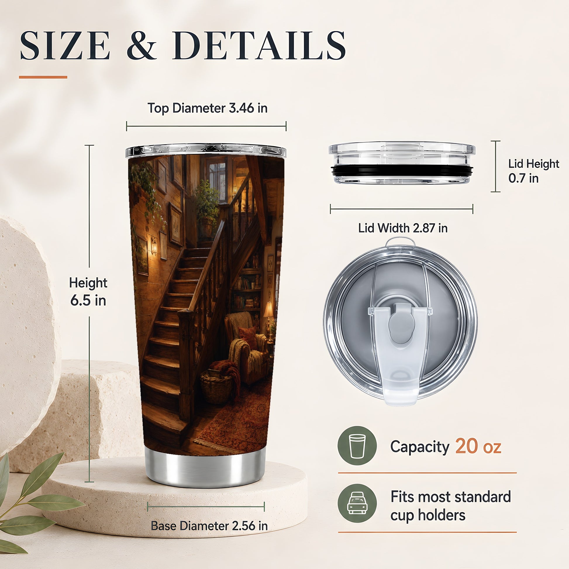 #pl[20oz|Steel] Cozy Wooden Staircase 20oz Skinny Tumbler, Warm Cottage Interior Art