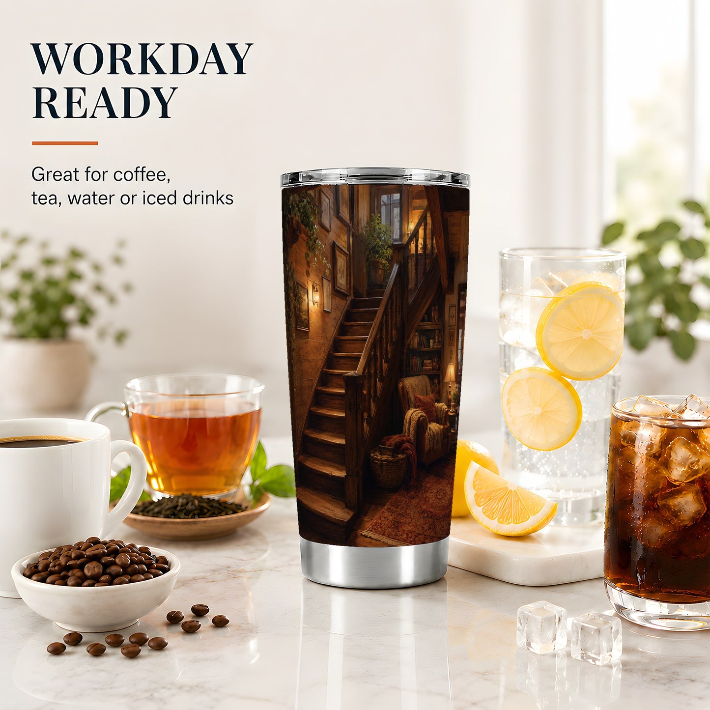 #pl[20oz|Steel] Cozy Wooden Staircase 20oz Skinny Tumbler, Warm Cottage Interior Art