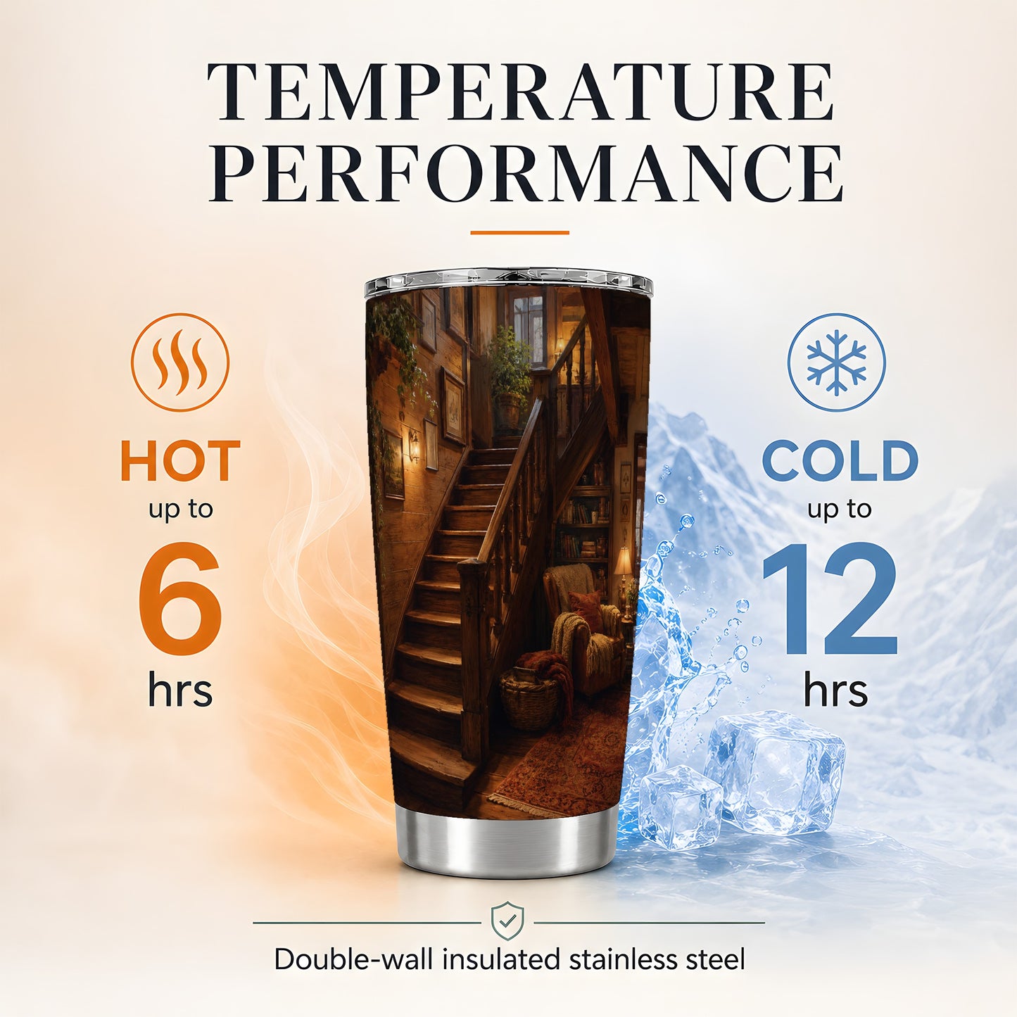 #pl[20oz|Steel] Cozy Wooden Staircase 20oz Skinny Tumbler, Warm Cottage Interior Art