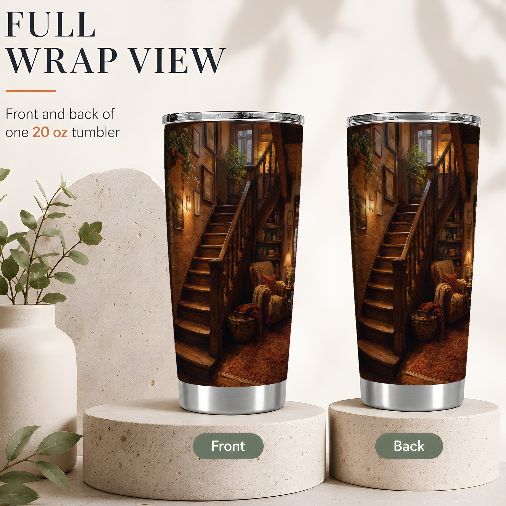 #pl[20oz|Steel] Cozy Wooden Staircase 20oz Skinny Tumbler, Warm Cottage Interior Art