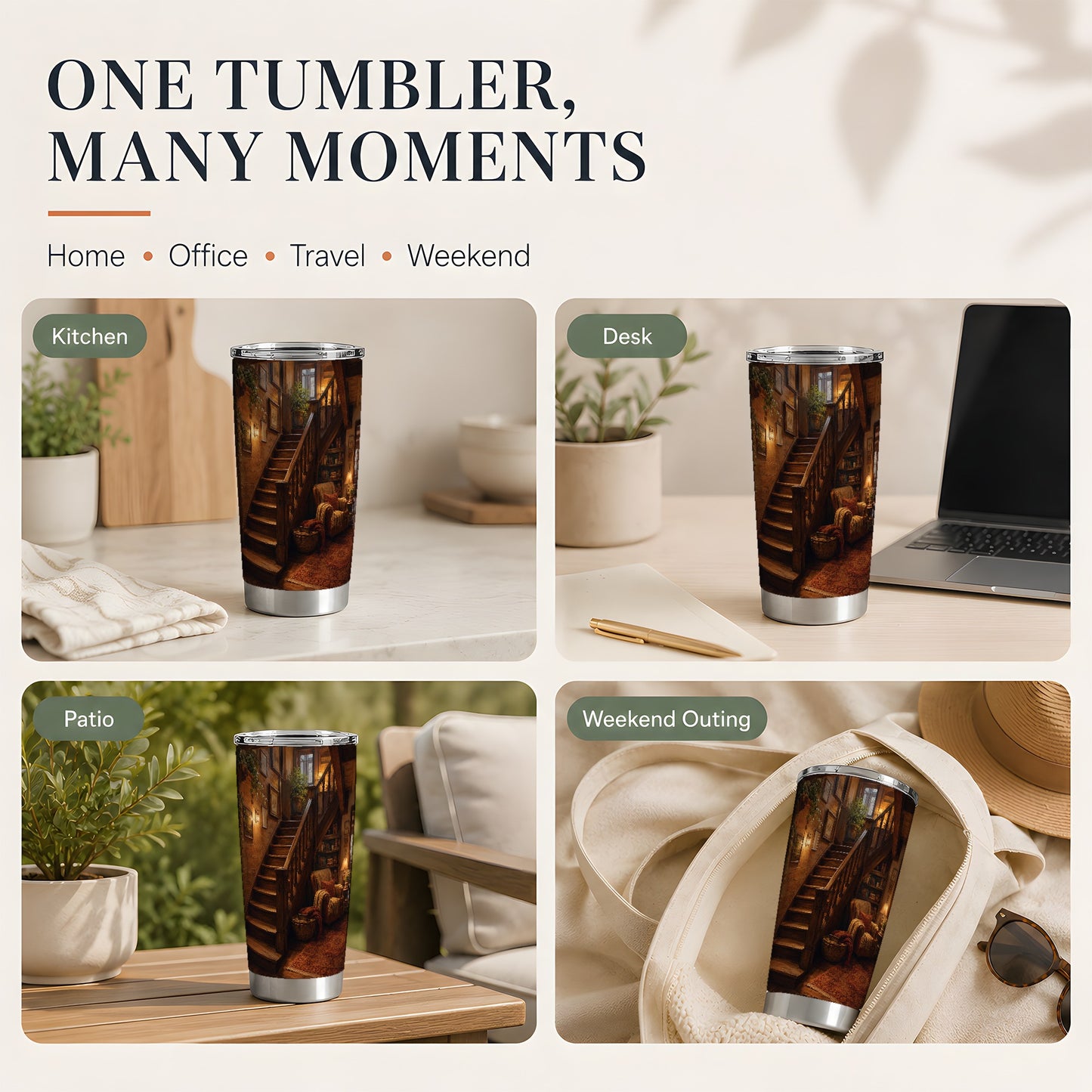 #pl[20oz|Steel] Cozy Wooden Staircase 20oz Skinny Tumbler, Warm Cottage Interior Art