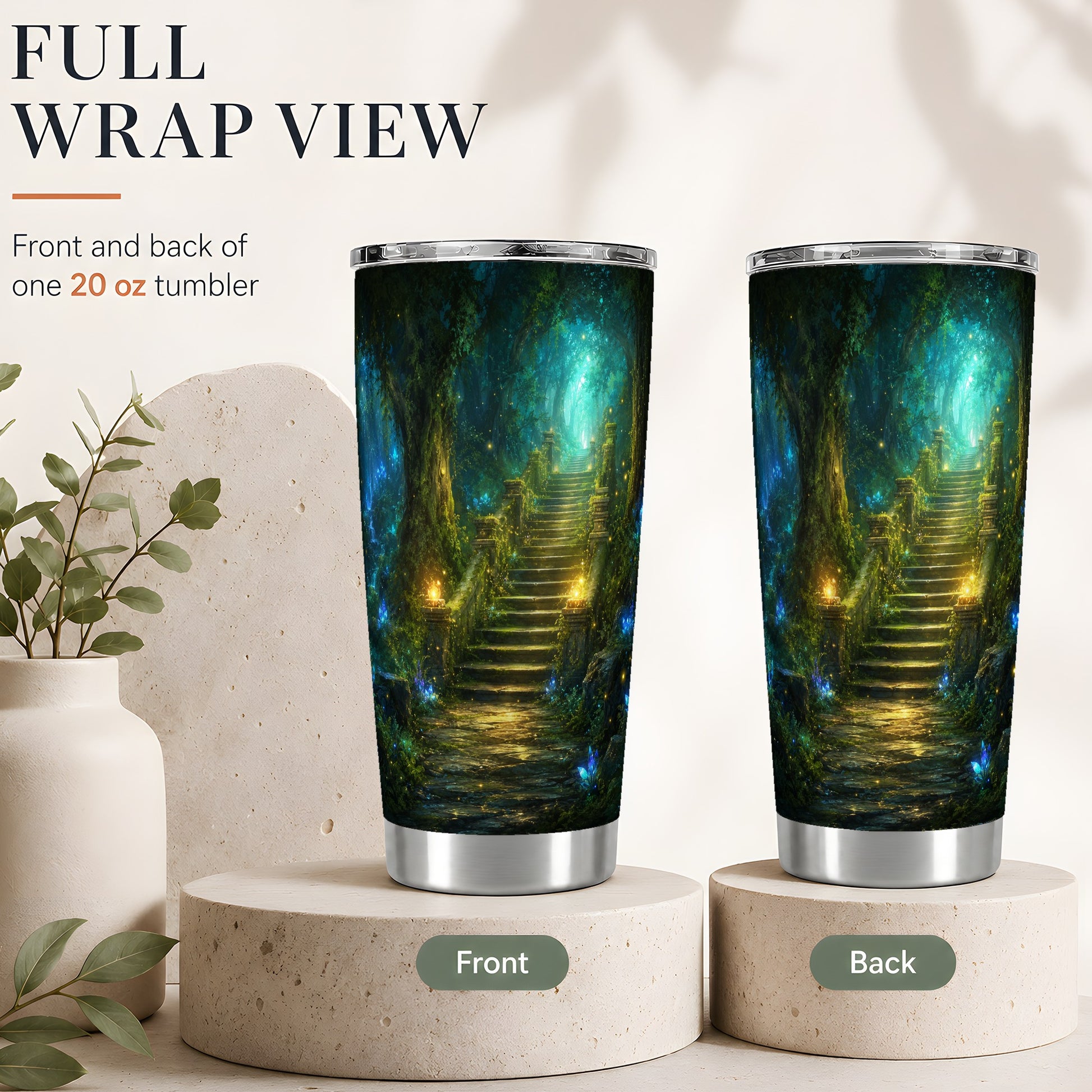 #pl[20oz|Steel] Enchanted Forest Stairway 20oz Skinny Tumbler, Fantasy Woodland Art