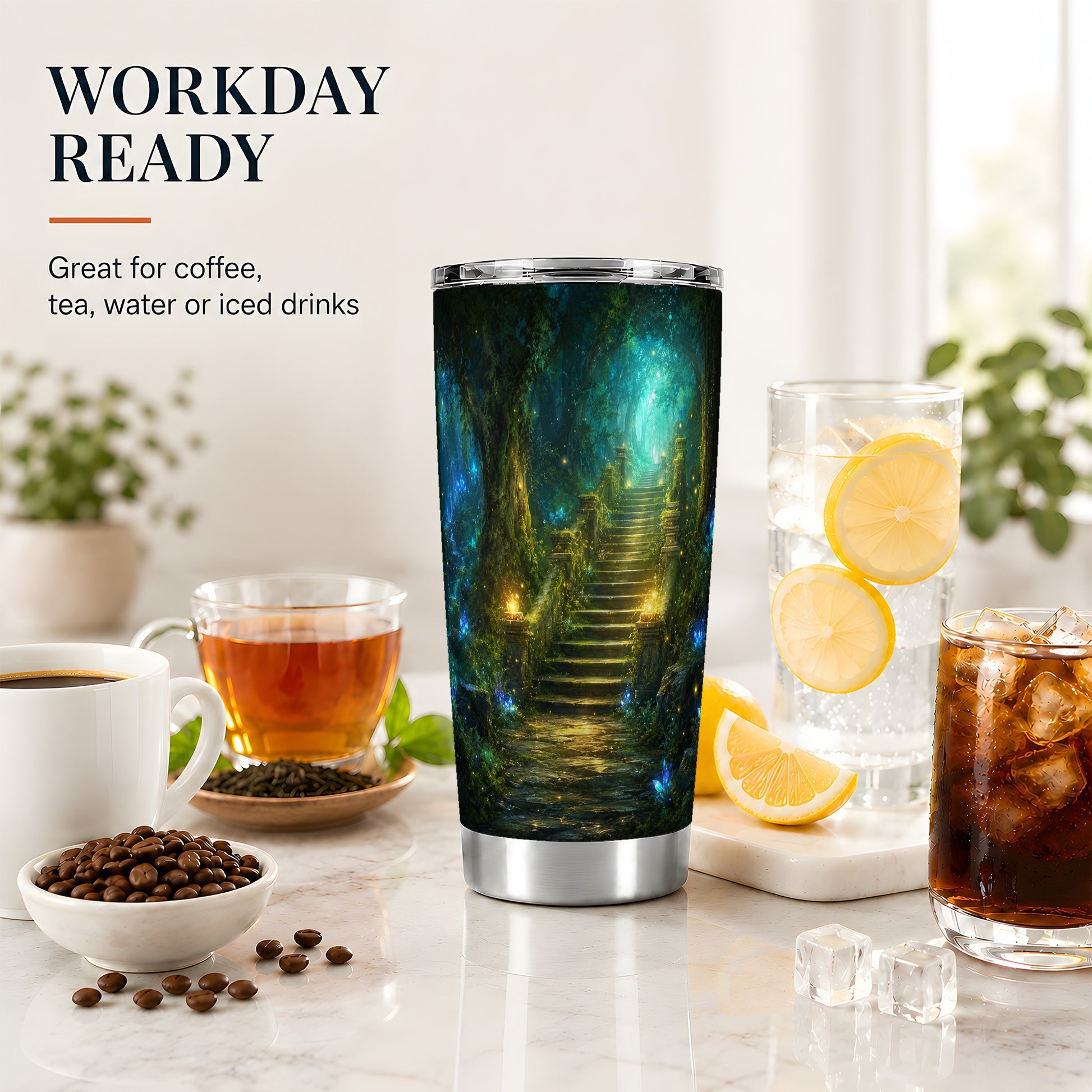 #pl[20oz|Steel] Enchanted Forest Stairway 20oz Skinny Tumbler, Fantasy Woodland Art