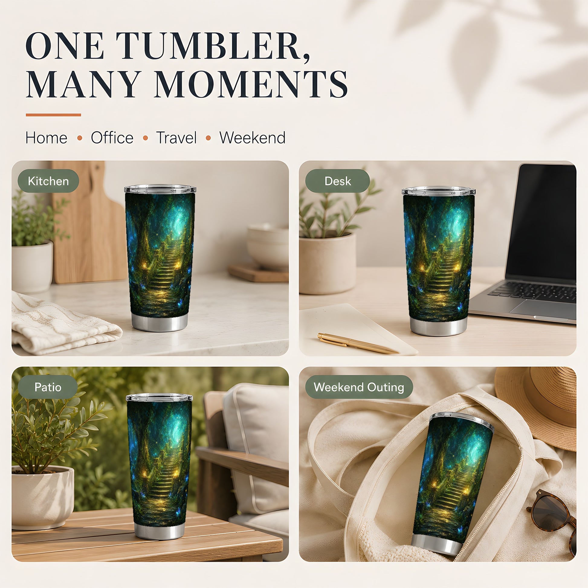 #pl[20oz|Steel] Enchanted Forest Stairway 20oz Skinny Tumbler, Fantasy Woodland Art
