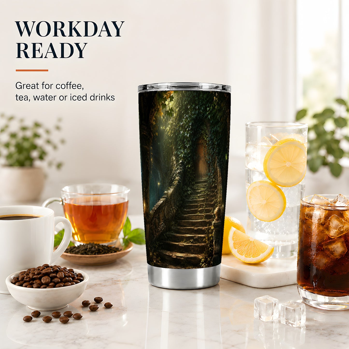 #pl[20oz|Steel] Ivy Hidden Staircase 20oz Skinny Tumbler, Mystic Garden Door Art