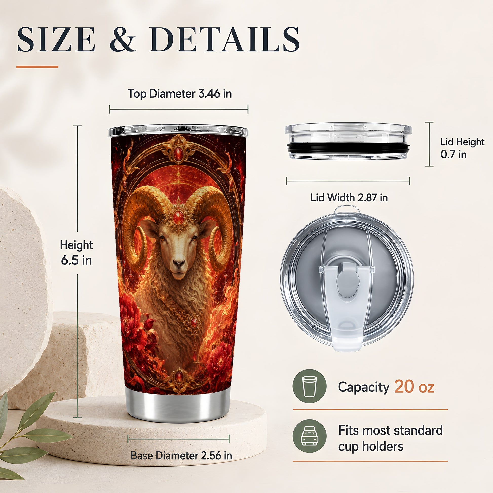 #pl[20oz|Steel] Aries Ram 20oz Skinny Tumbler, Fiery Zodiac Celestial Floral Art