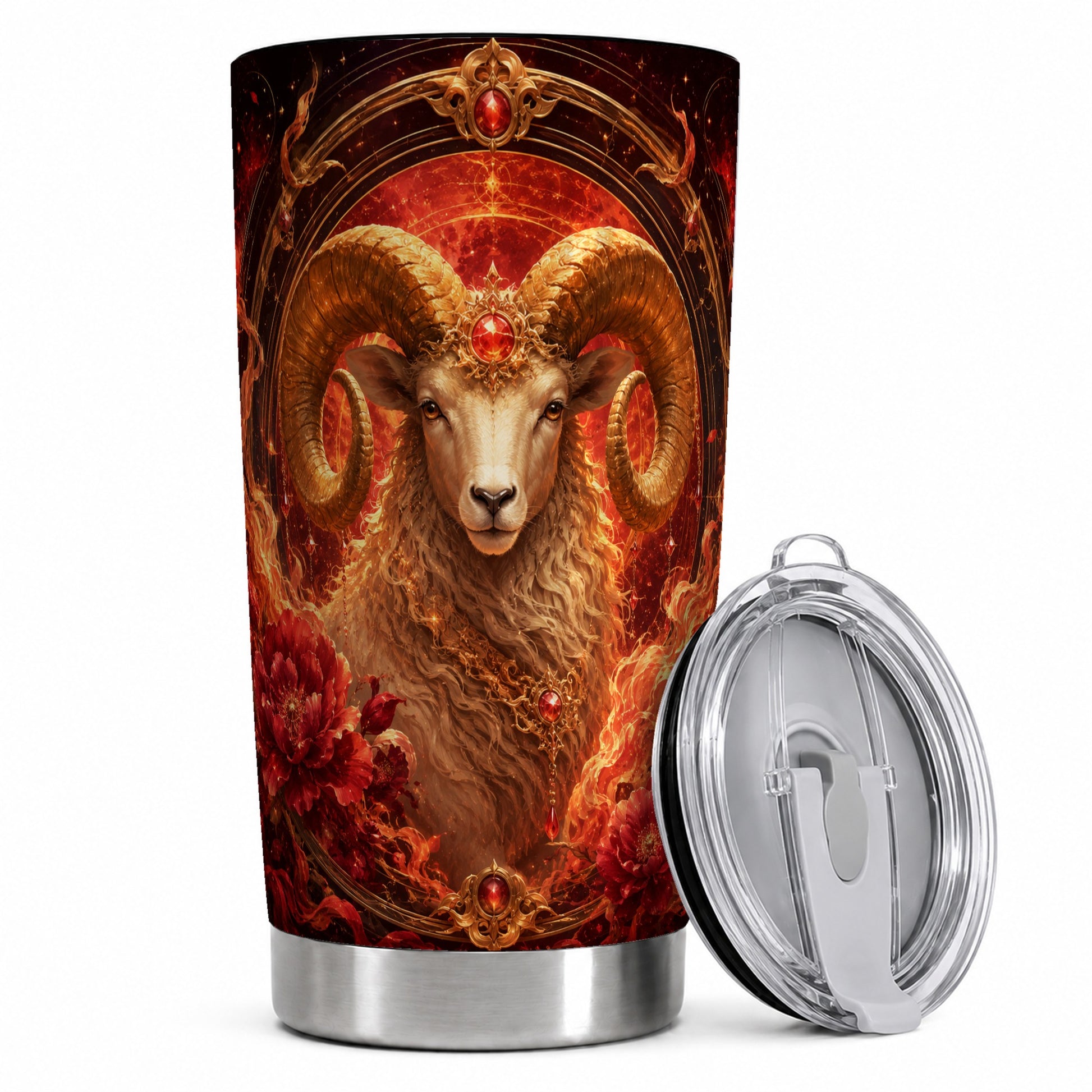 Aries Ram 20oz Skinny Tumbler, Fiery Zodiac Celestial Floral Art