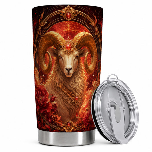 Aries Ram 20oz Skinny Tumbler, Fiery Zodiac Celestial Floral Art