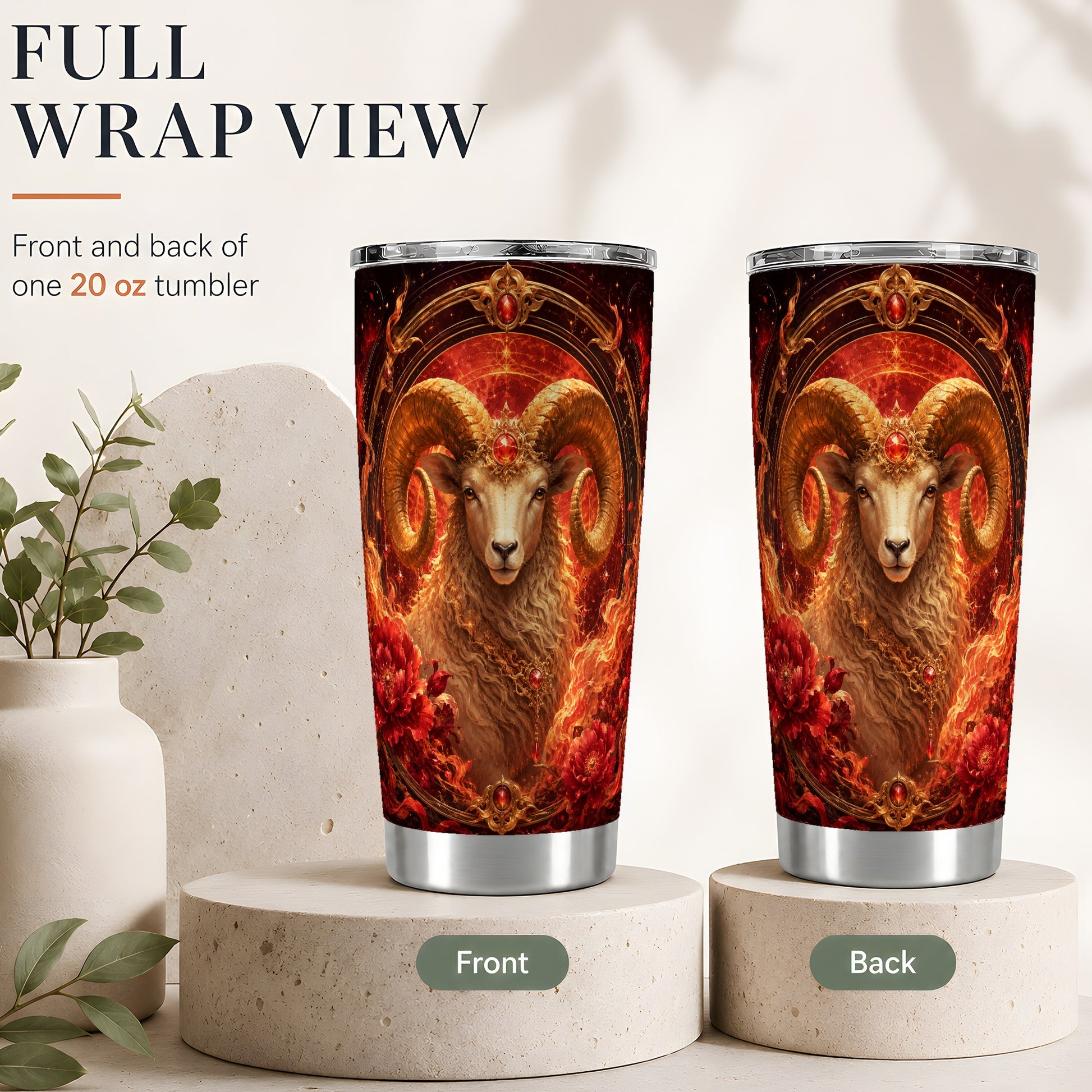 #pl[20oz|Steel] Aries Ram 20oz Skinny Tumbler, Fiery Zodiac Celestial Floral Art