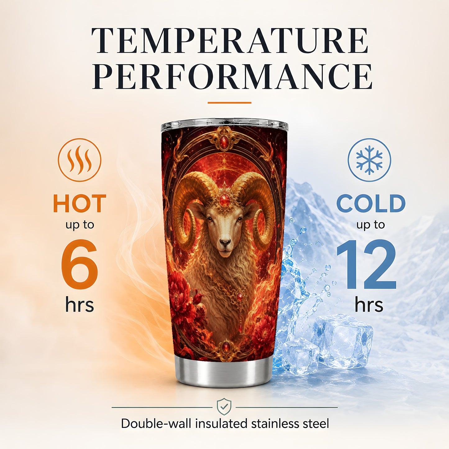 #pl[20oz|Steel] Aries Ram 20oz Skinny Tumbler, Fiery Zodiac Celestial Floral Art