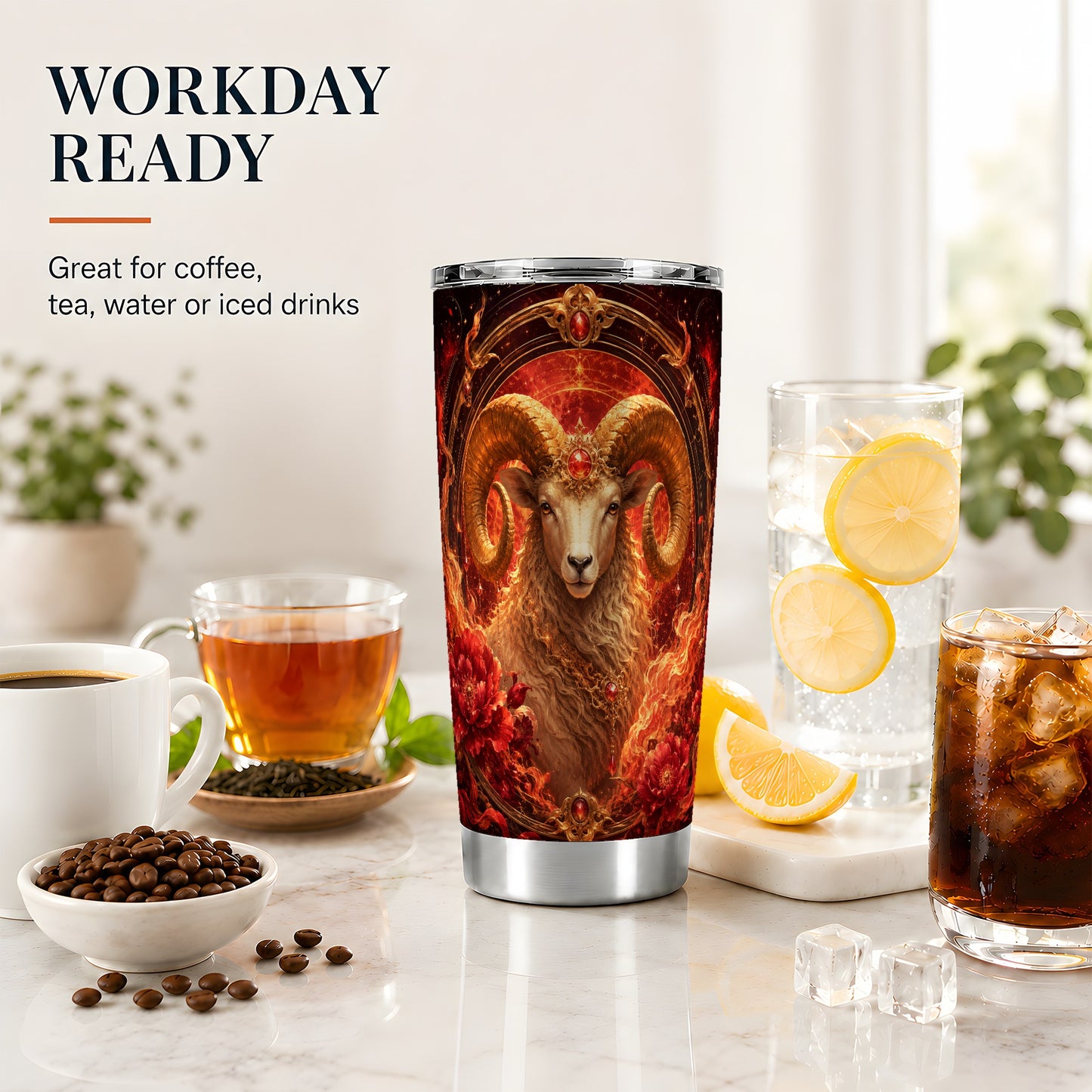 #pl[20oz|Steel] Aries Ram 20oz Skinny Tumbler, Fiery Zodiac Celestial Floral Art