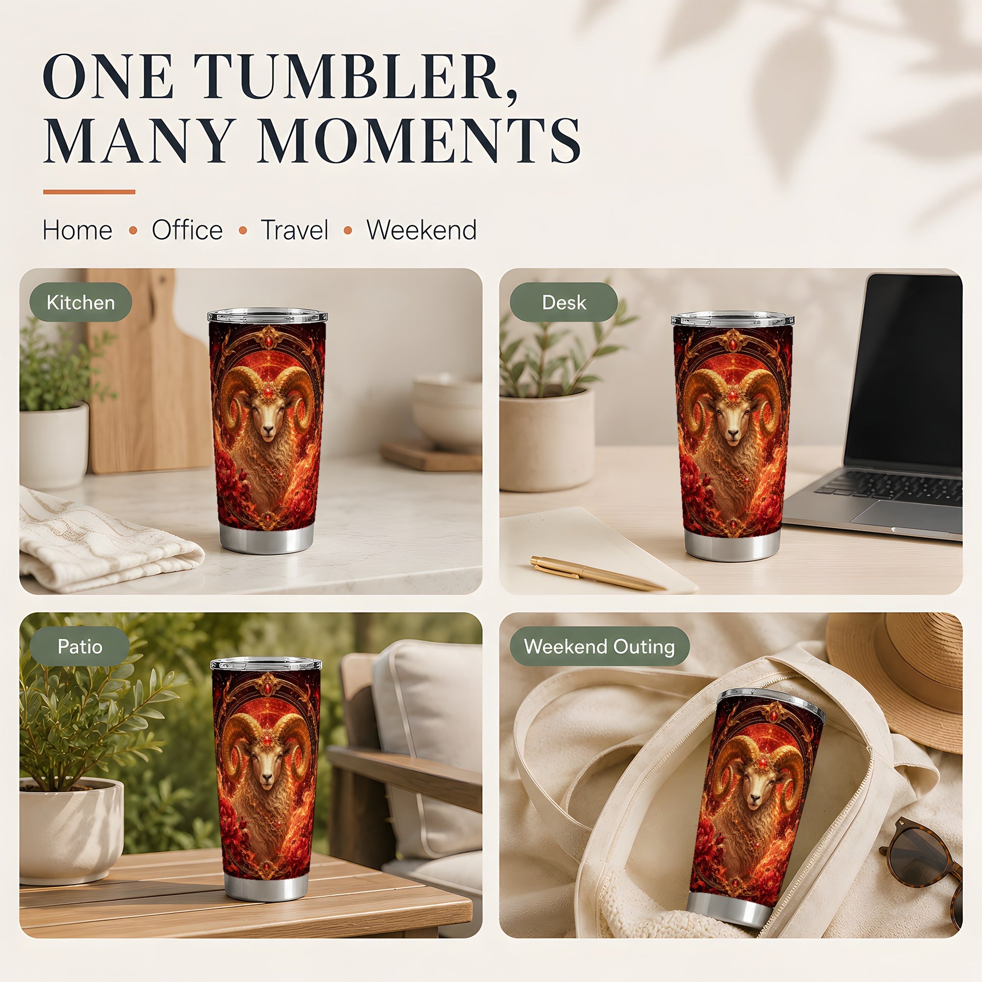 #pl[20oz|Steel] Aries Ram 20oz Skinny Tumbler, Fiery Zodiac Celestial Floral Art