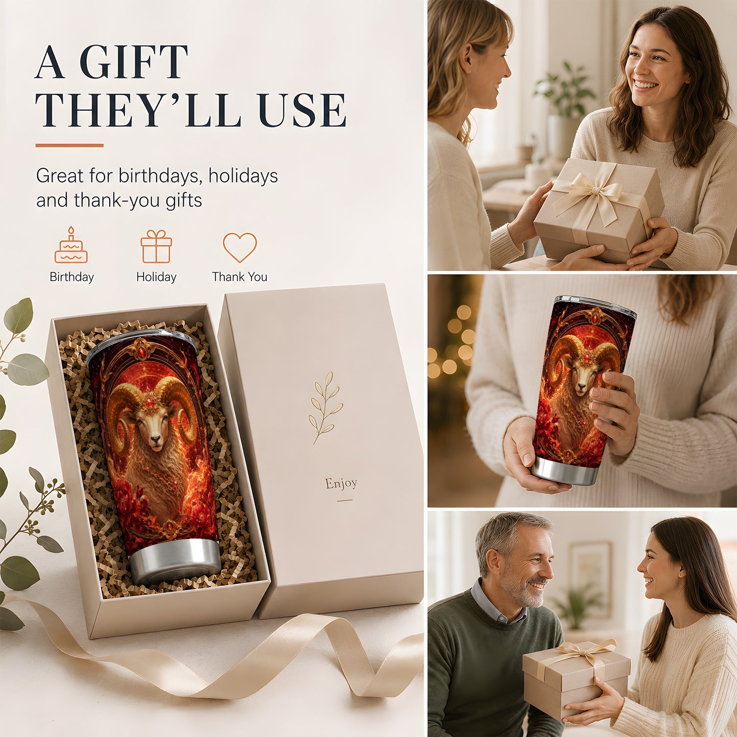 #pl[20oz|Steel] Aries Ram 20oz Skinny Tumbler, Fiery Zodiac Celestial Floral Art