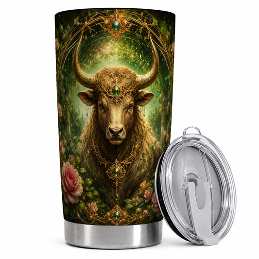 Taurus Bull 20oz Skinny Tumbler, Earth Zodiac Rose Celestial Art