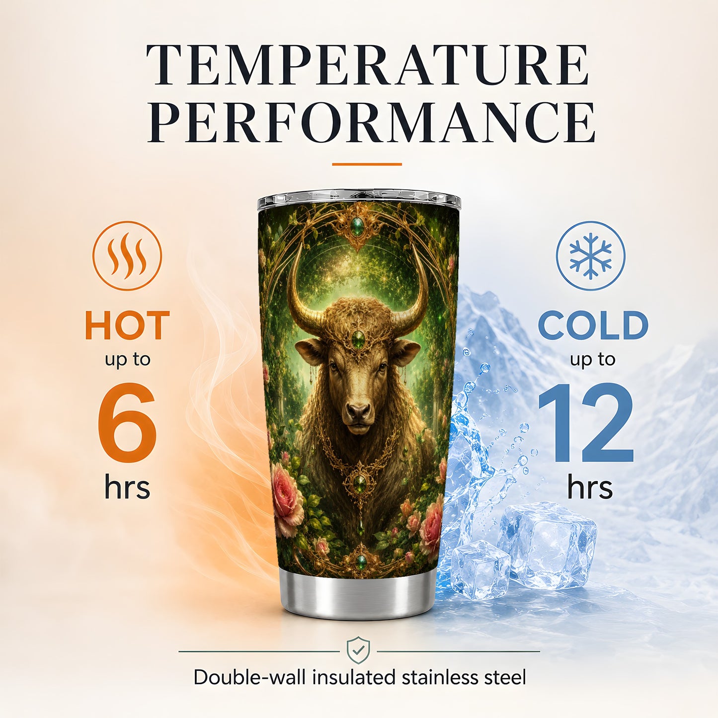 #pl[20oz|Steel] Taurus Bull 20oz Skinny Tumbler, Earth Zodiac Rose Celestial Art