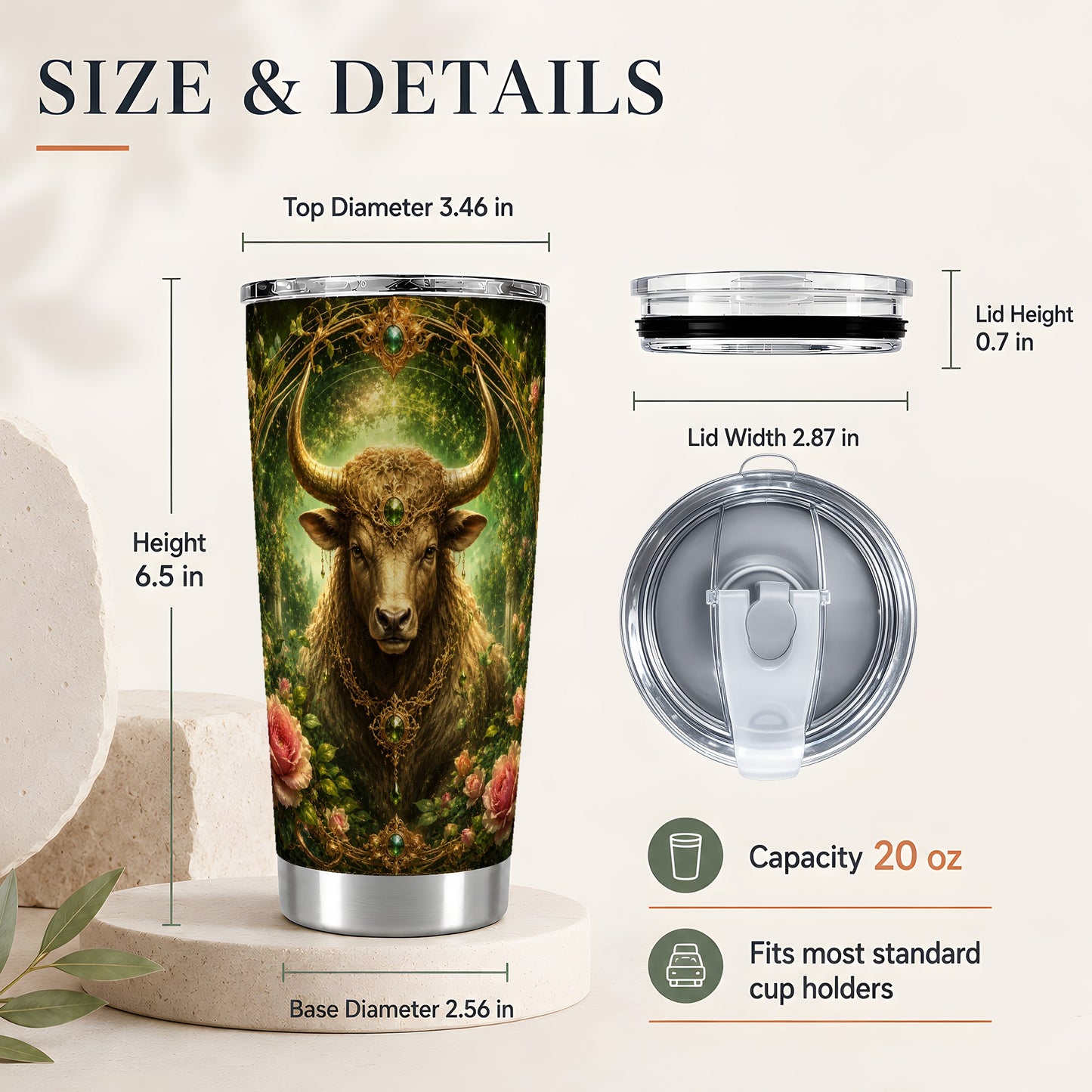 #pl[20oz|Steel] Taurus Bull 20oz Skinny Tumbler, Earth Zodiac Rose Celestial Art