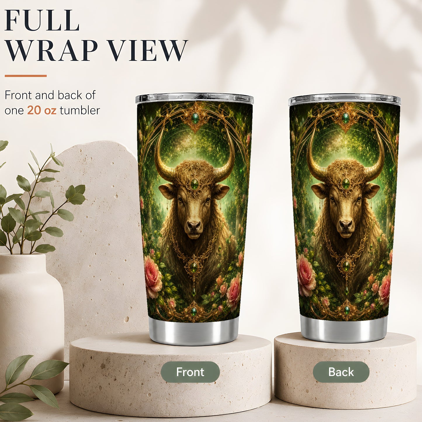 #pl[20oz|Steel] Taurus Bull 20oz Skinny Tumbler, Earth Zodiac Rose Celestial Art