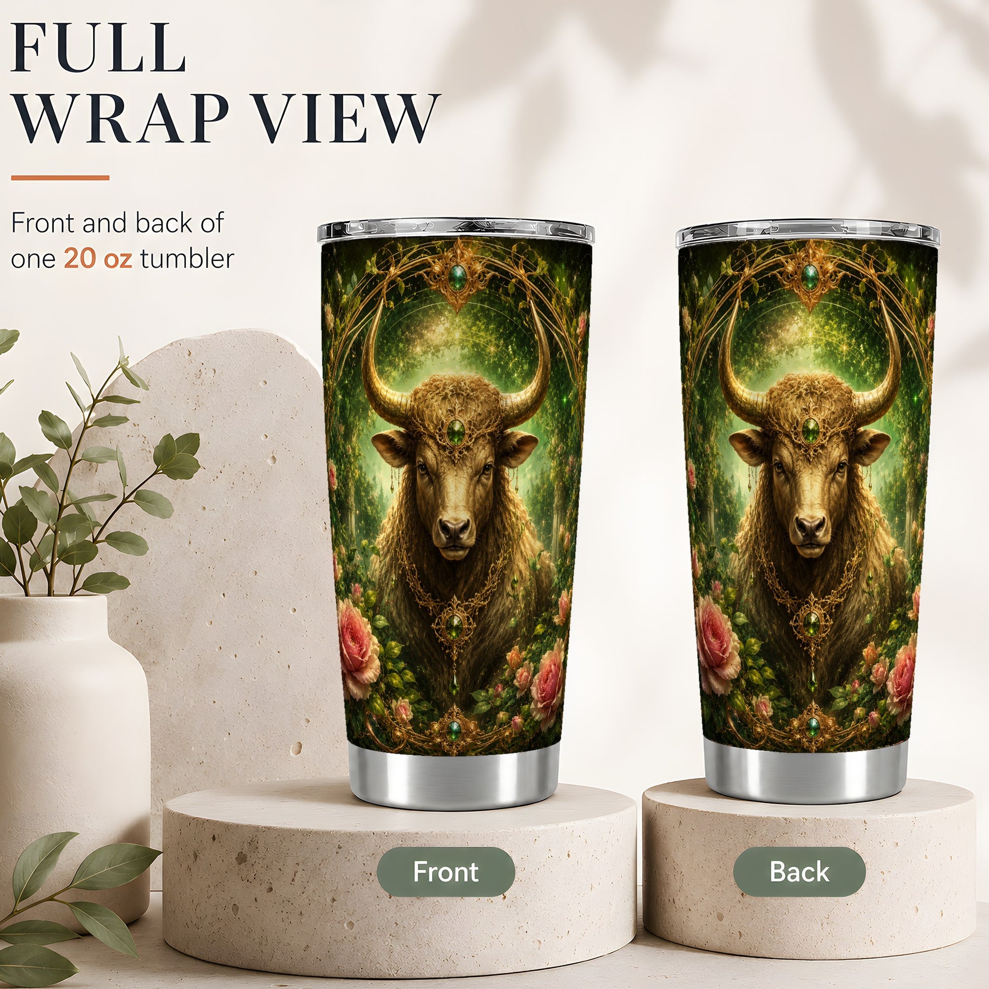 #pl[20oz|Steel] Taurus Bull 20oz Skinny Tumbler, Earth Zodiac Rose Celestial Art