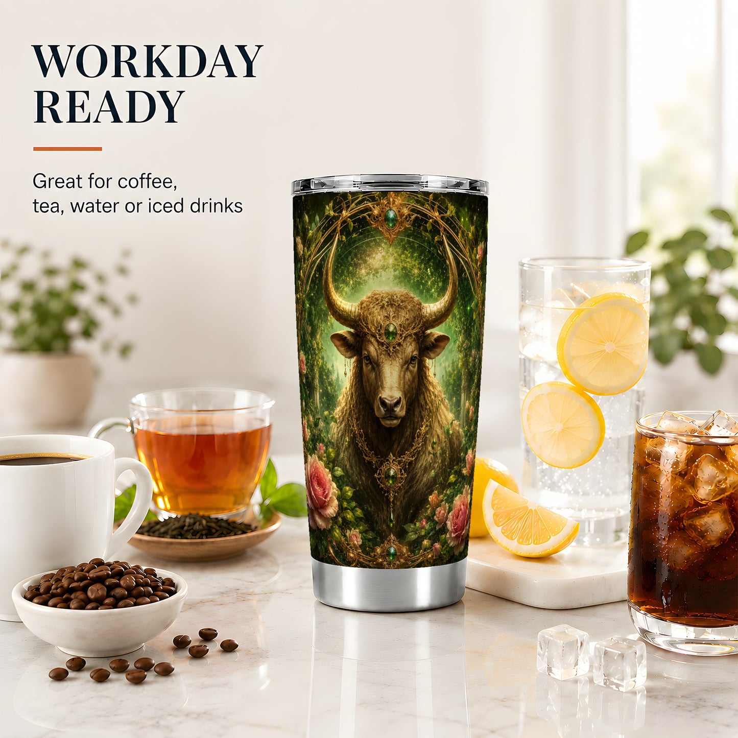 #pl[20oz|Steel] Taurus Bull 20oz Skinny Tumbler, Earth Zodiac Rose Celestial Art