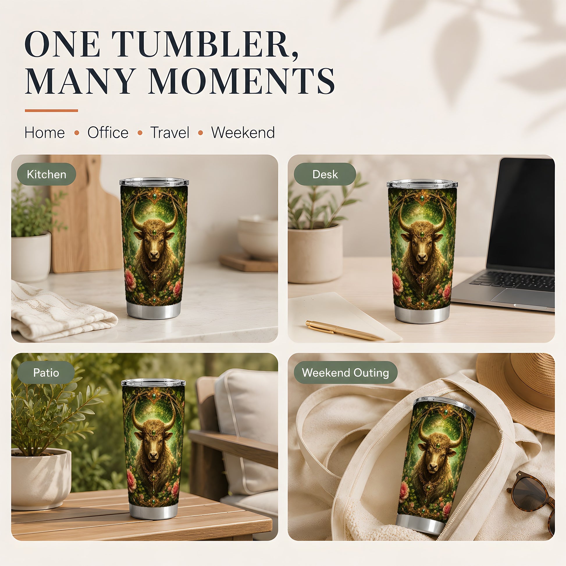 #pl[20oz|Steel] Taurus Bull 20oz Skinny Tumbler, Earth Zodiac Rose Celestial Art