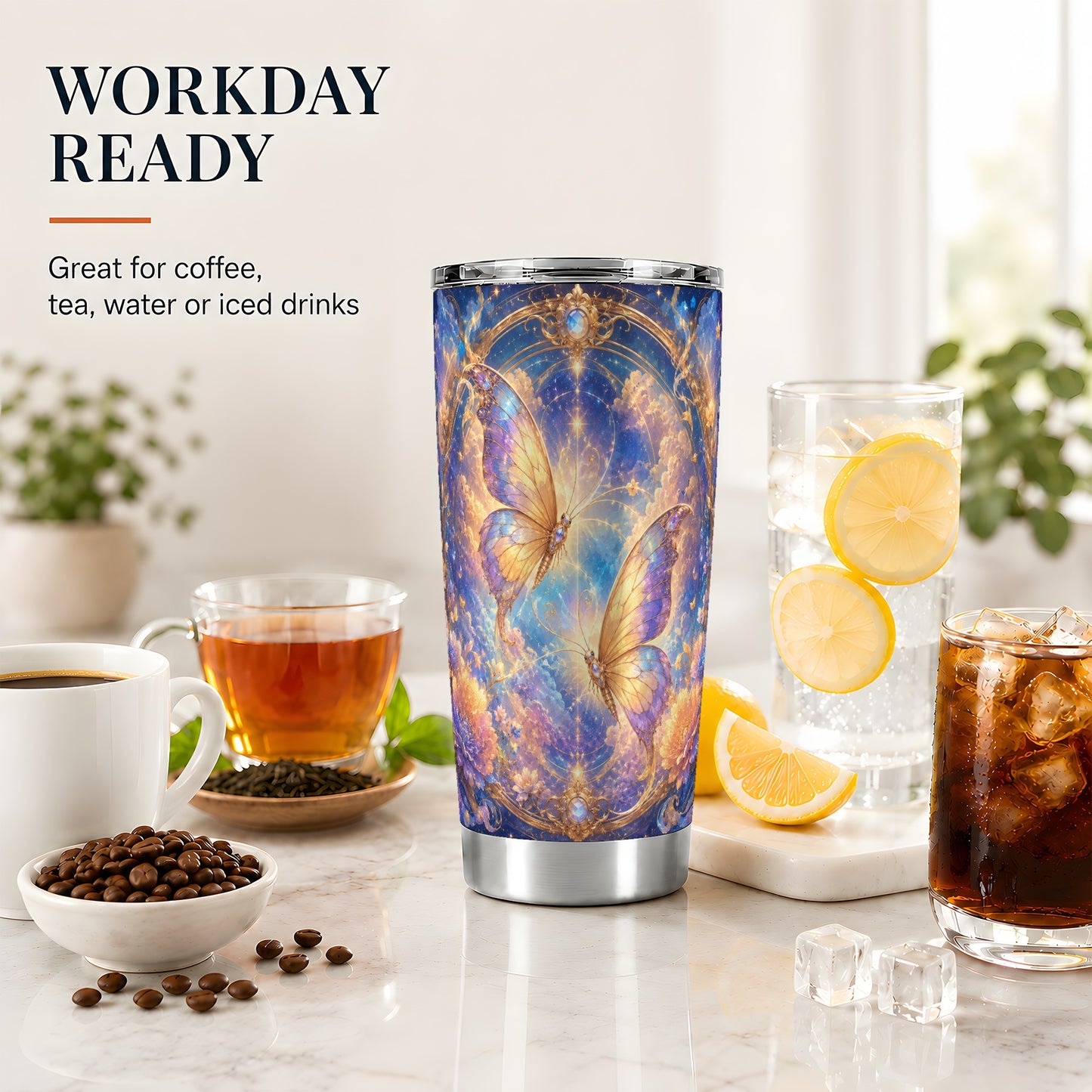 #pl[20oz|Steel] Celestial Butterflies 20oz Skinny Tumbler, Dreamy Butterfly Floral Art