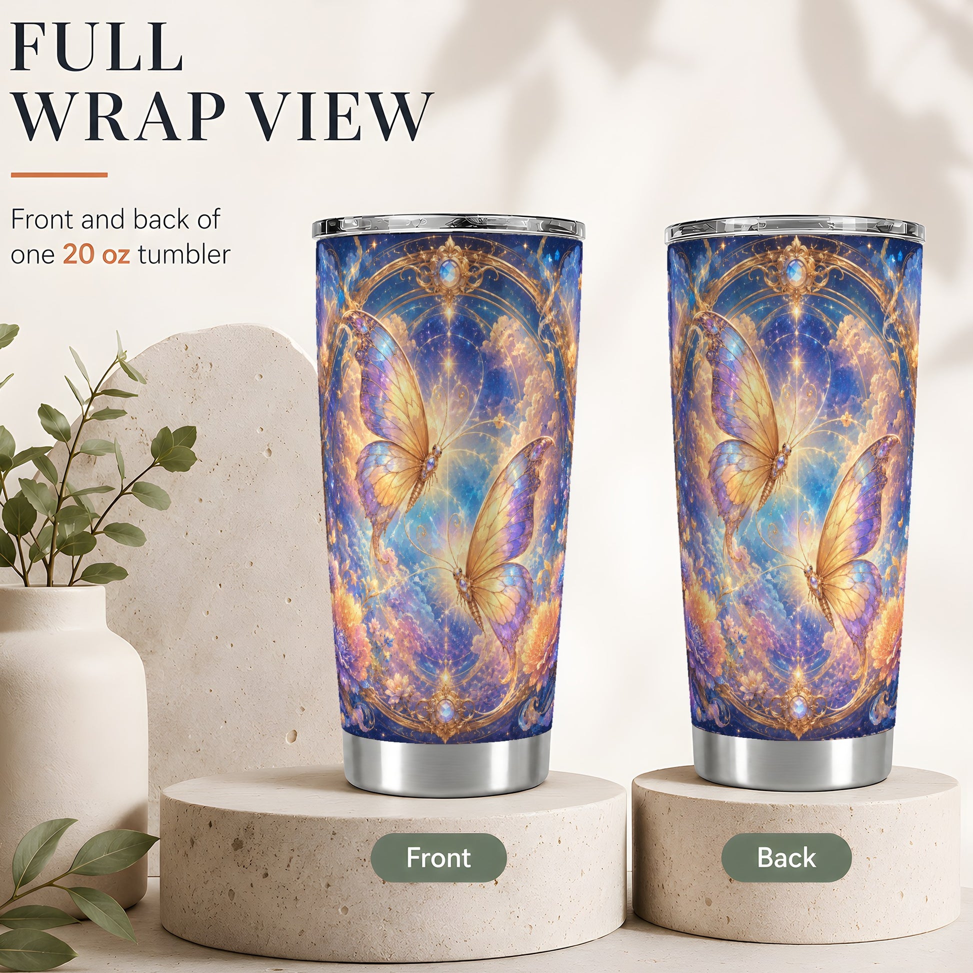 #pl[20oz|Steel] Celestial Butterflies 20oz Skinny Tumbler, Dreamy Butterfly Floral Art