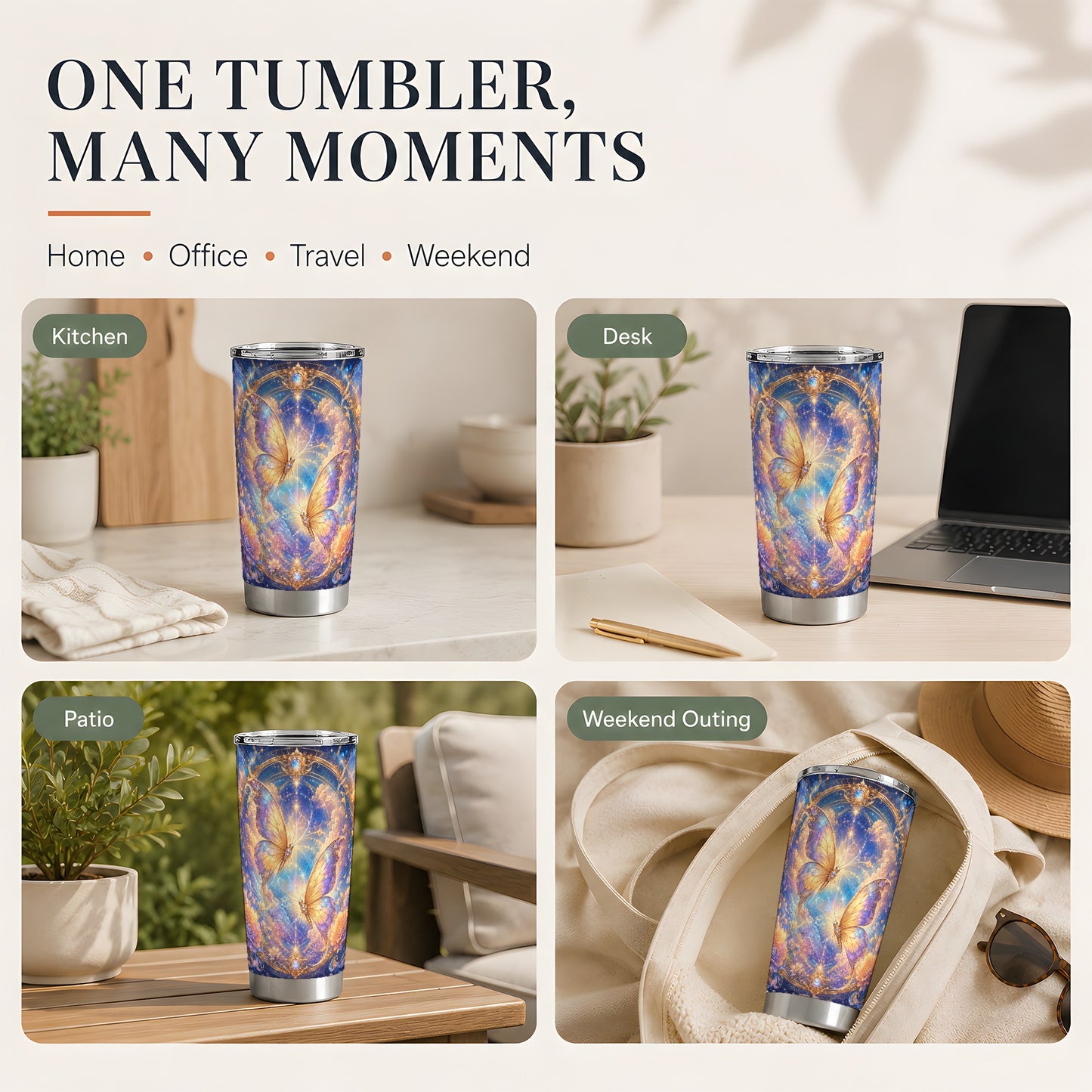 #pl[20oz|Steel] Celestial Butterflies 20oz Skinny Tumbler, Dreamy Butterfly Floral Art