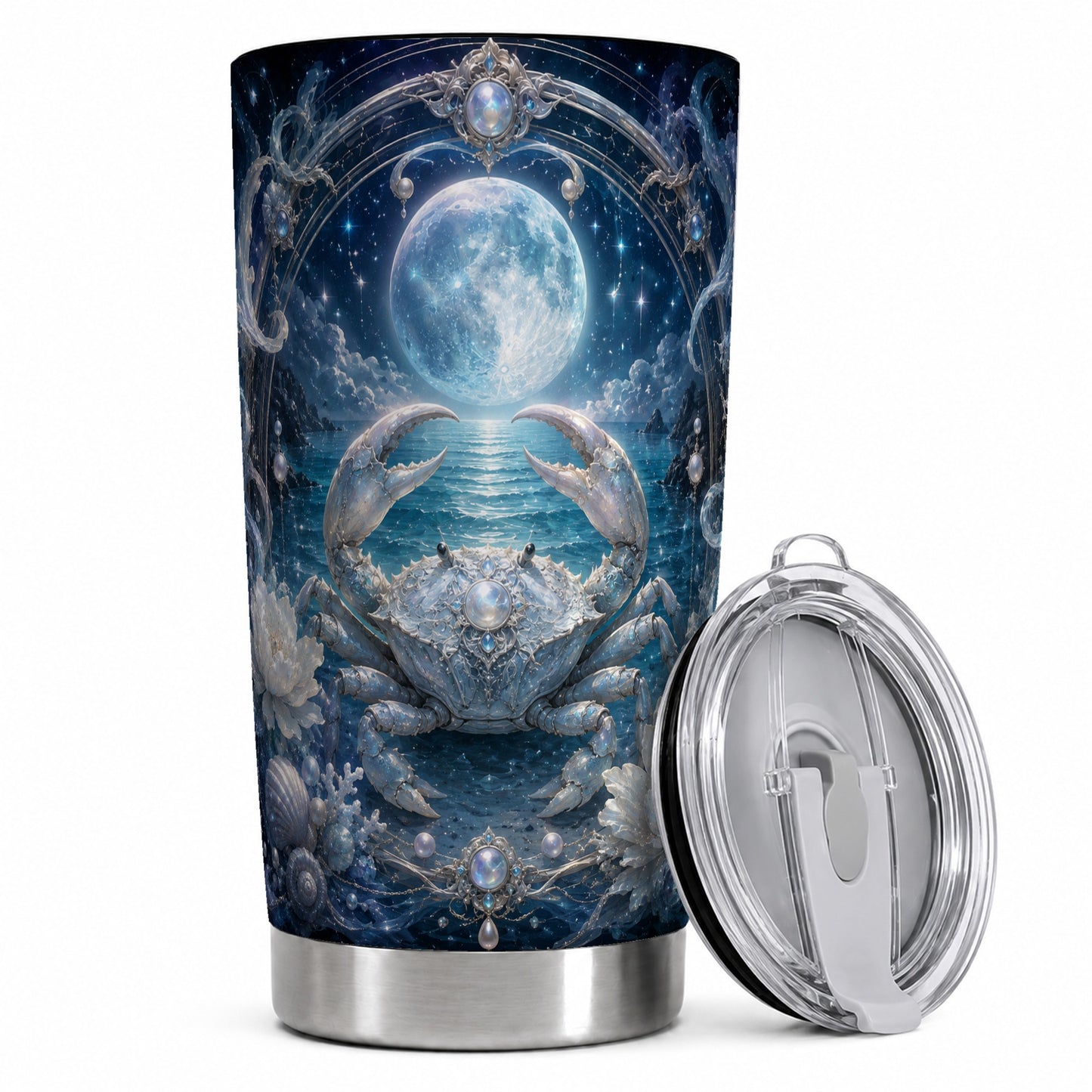 Cancer Crab 20oz Skinny Tumbler, Moonlit Zodiac Ocean Celestial Art