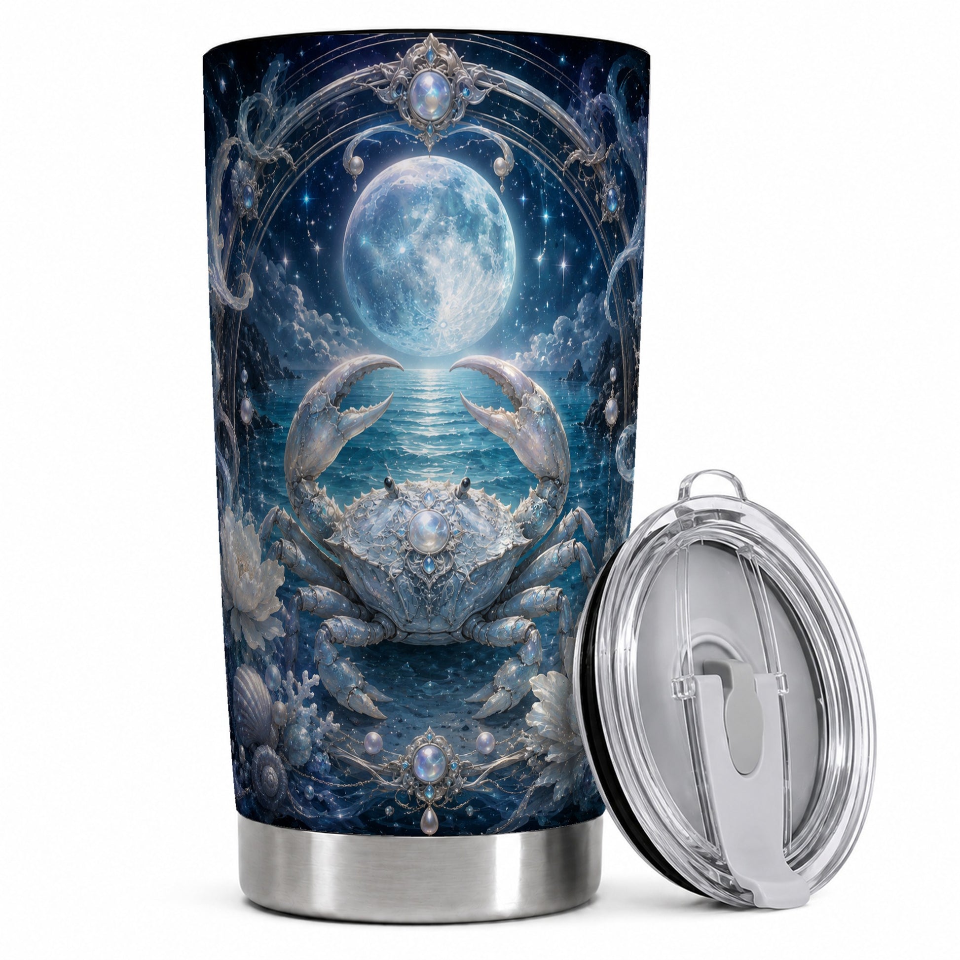 Cancer Crab 20oz Skinny Tumbler, Moonlit Zodiac Ocean Celestial Art