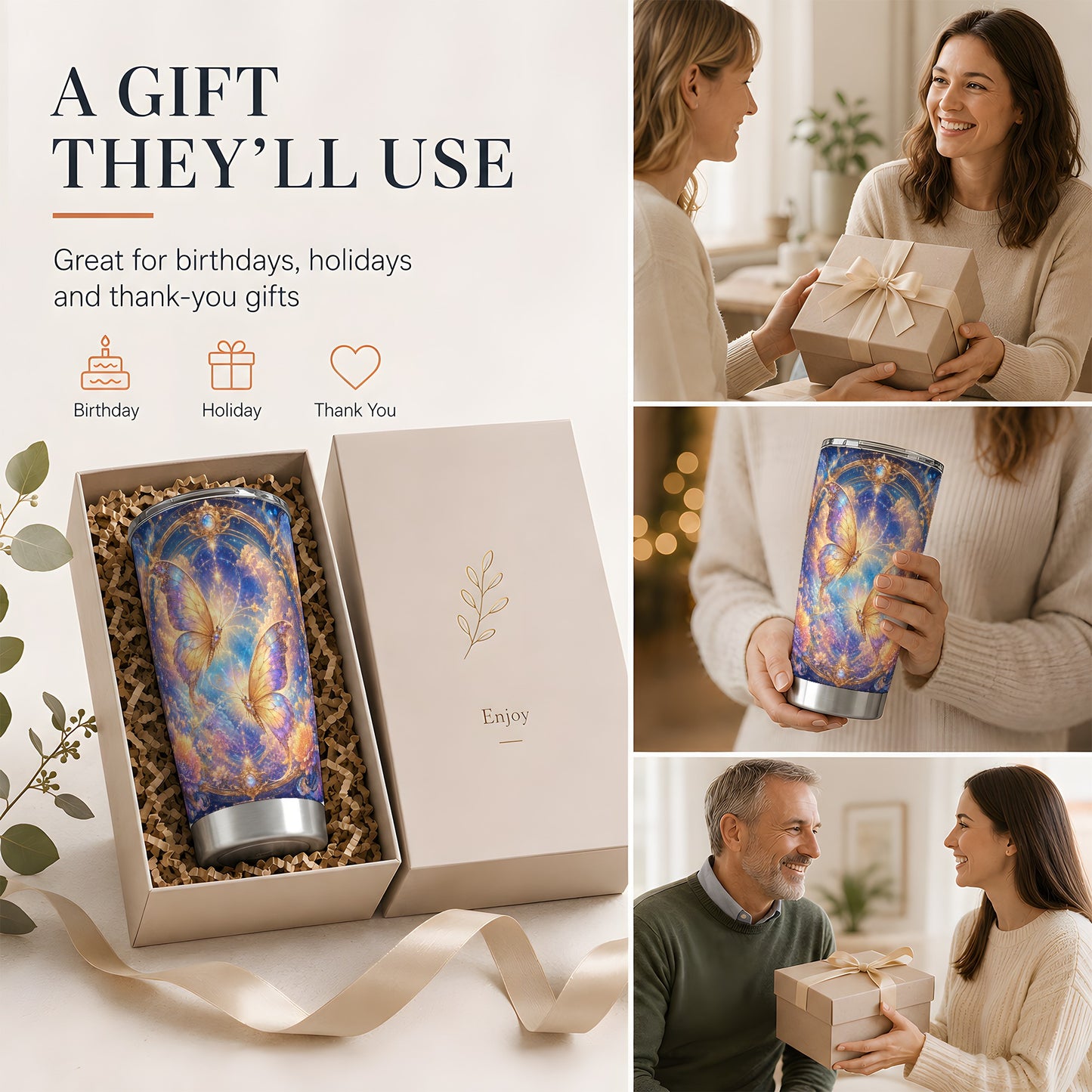 #pl[20oz|Steel] Celestial Butterflies 20oz Skinny Tumbler, Dreamy Butterfly Floral Art