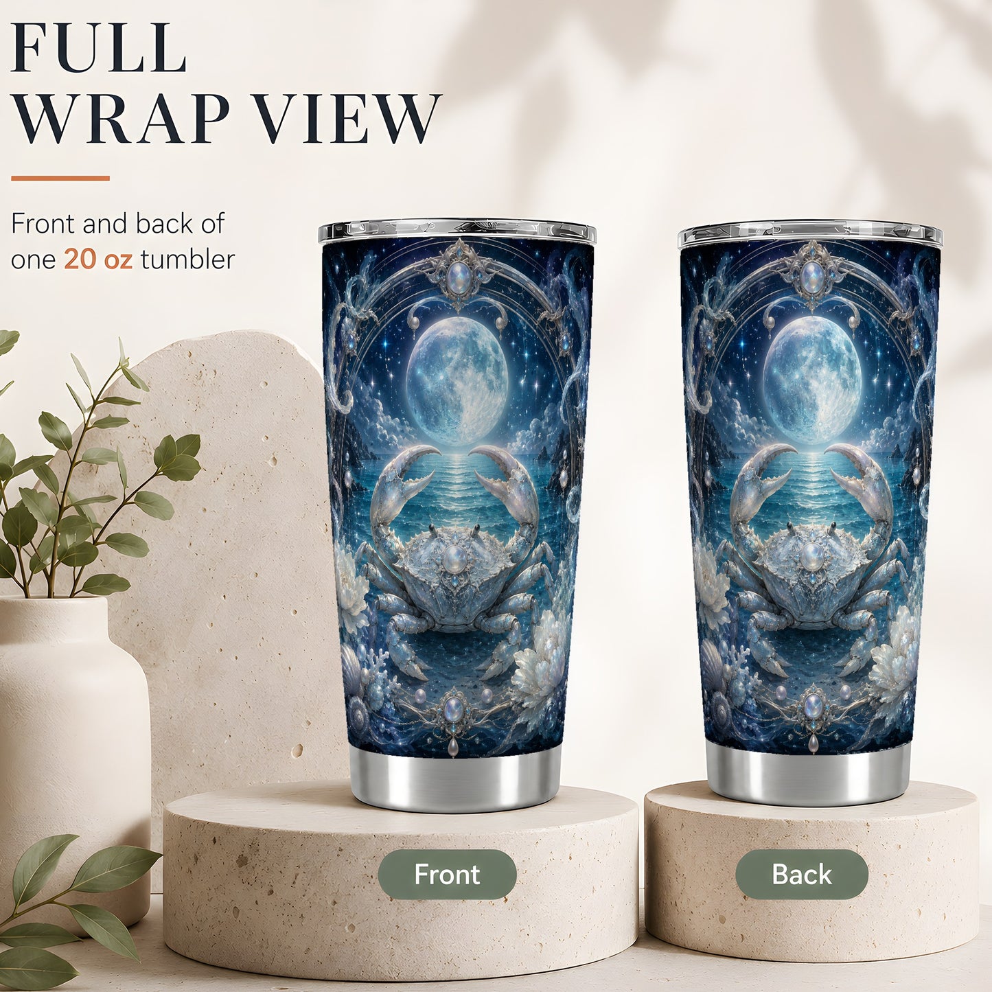 #pl[20oz|Steel] Cancer Crab 20oz Skinny Tumbler, Moonlit Zodiac Ocean Celestial Art