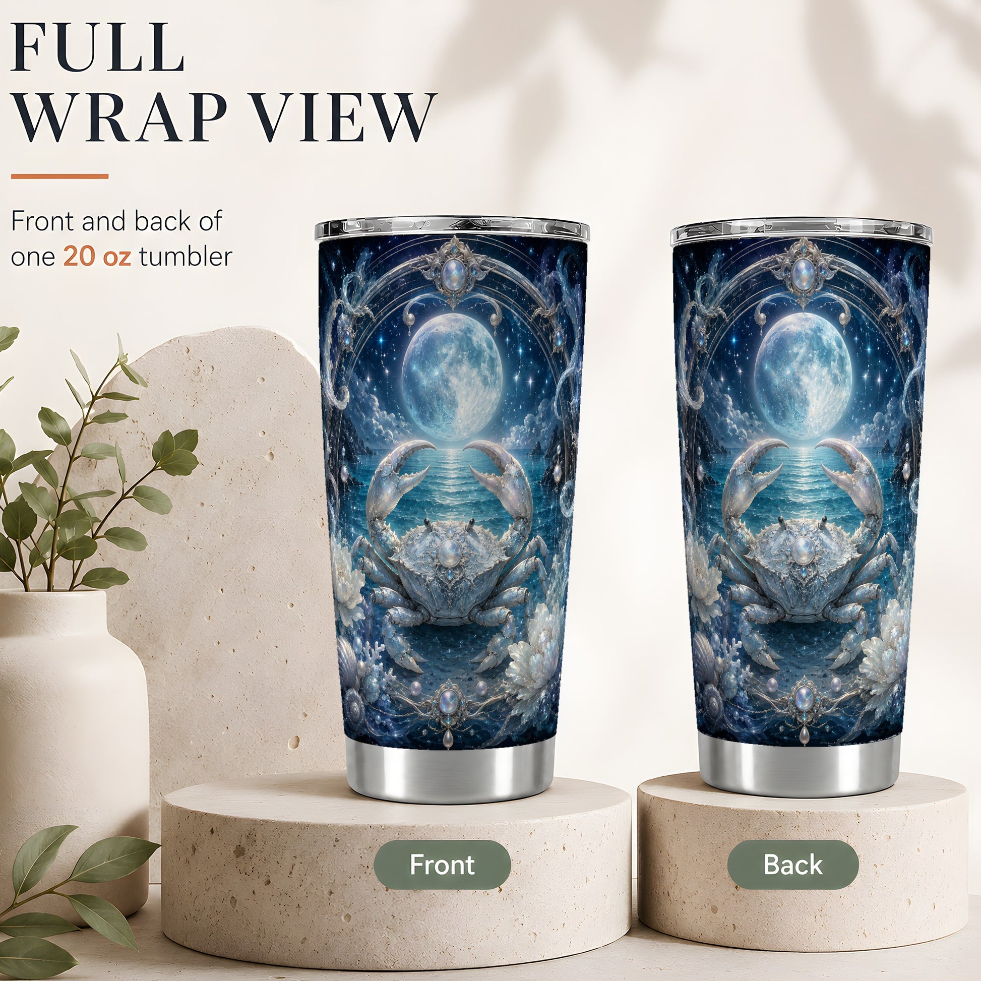 #pl[20oz|Steel] Cancer Crab 20oz Skinny Tumbler, Moonlit Zodiac Ocean Celestial Art