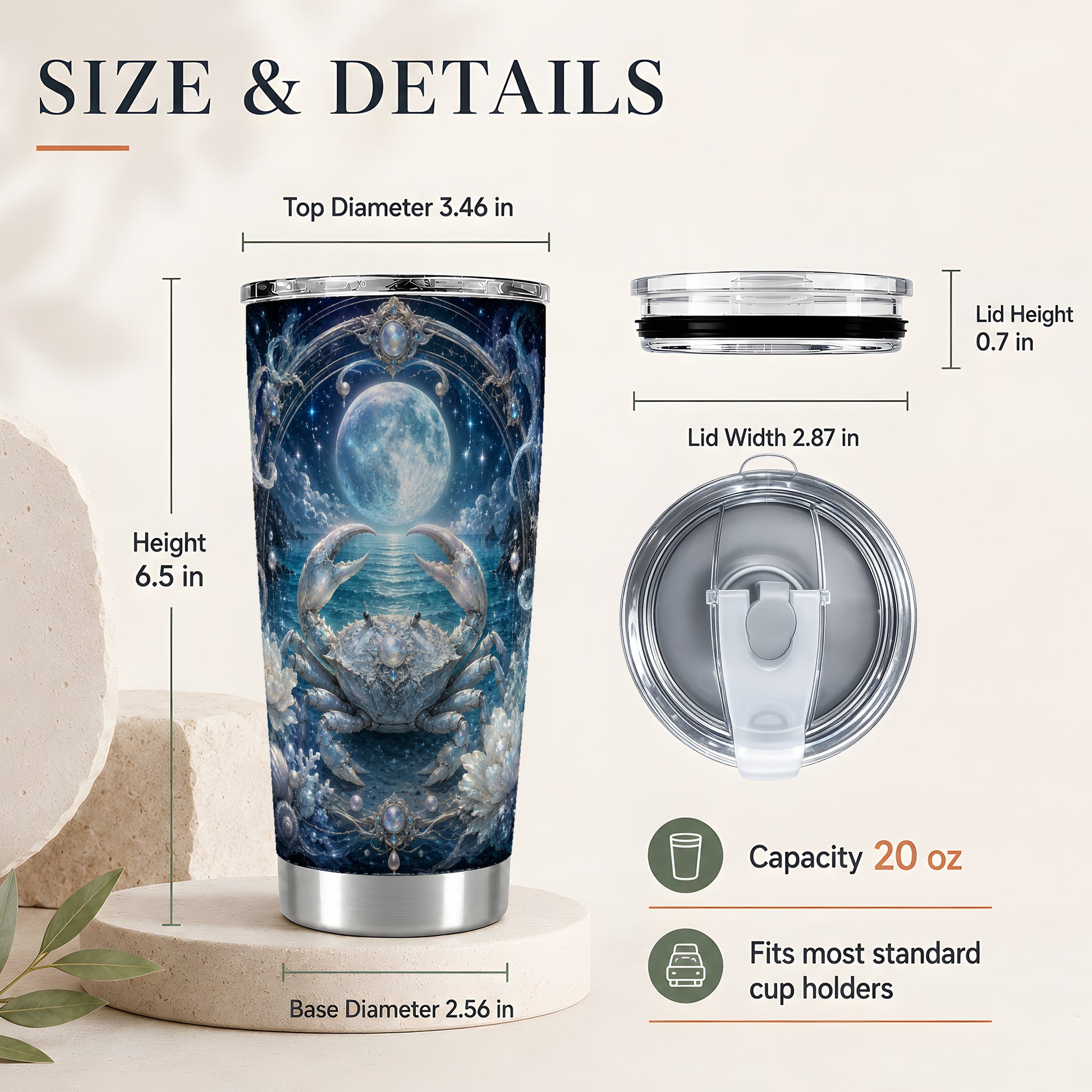 #pl[20oz|Steel] Cancer Crab 20oz Skinny Tumbler, Moonlit Zodiac Ocean Celestial Art