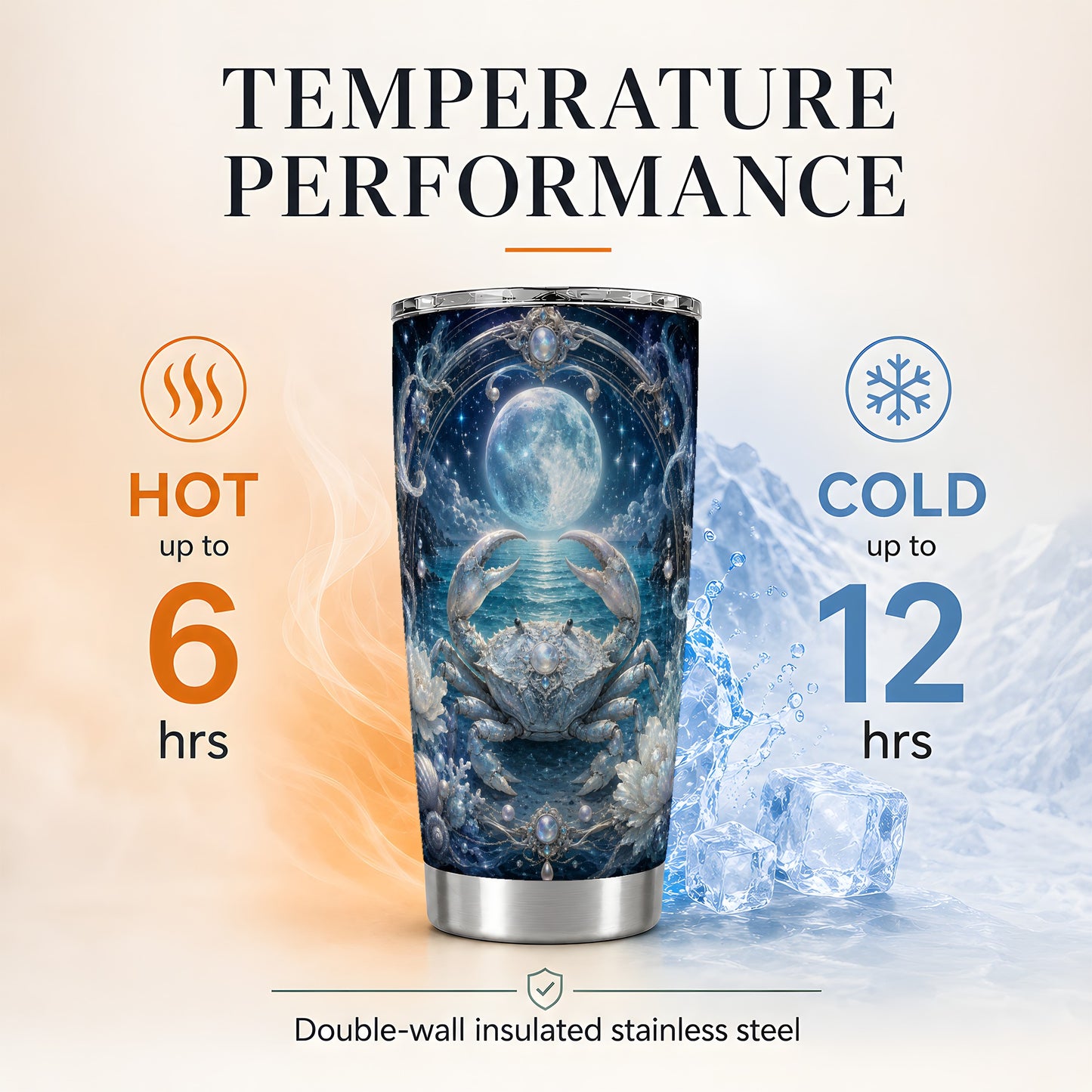 #pl[20oz|Steel] Cancer Crab 20oz Skinny Tumbler, Moonlit Zodiac Ocean Celestial Art