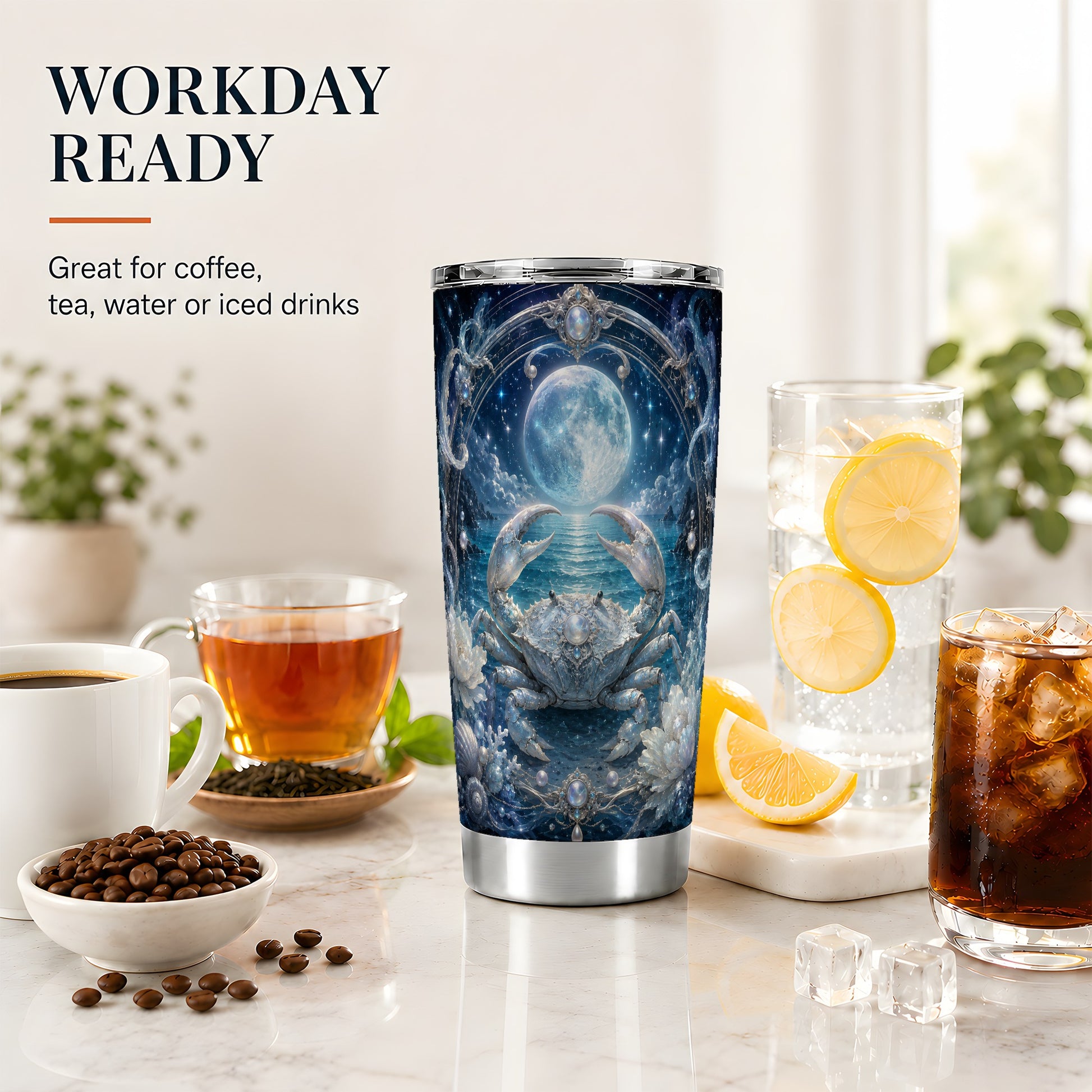 #pl[20oz|Steel] Cancer Crab 20oz Skinny Tumbler, Moonlit Zodiac Ocean Celestial Art