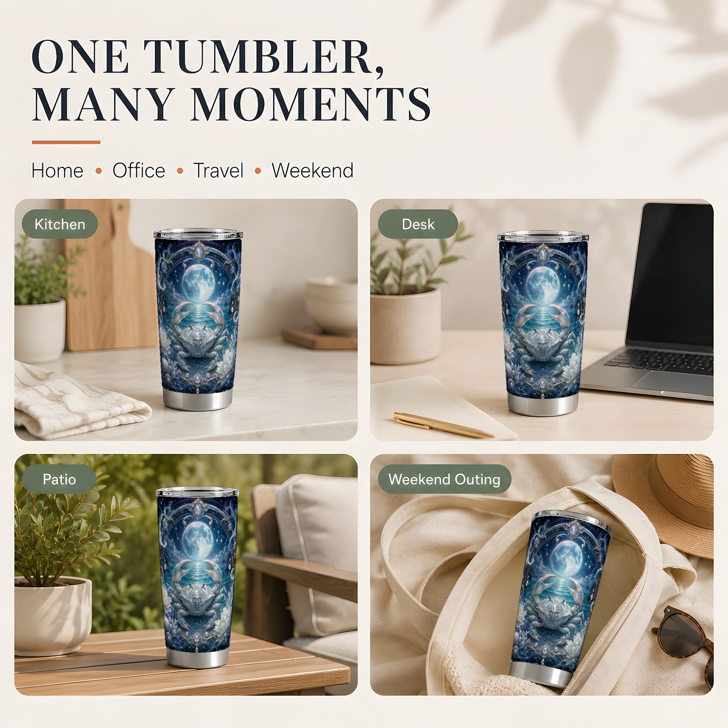 #pl[20oz|Steel] Cancer Crab 20oz Skinny Tumbler, Moonlit Zodiac Ocean Celestial Art
