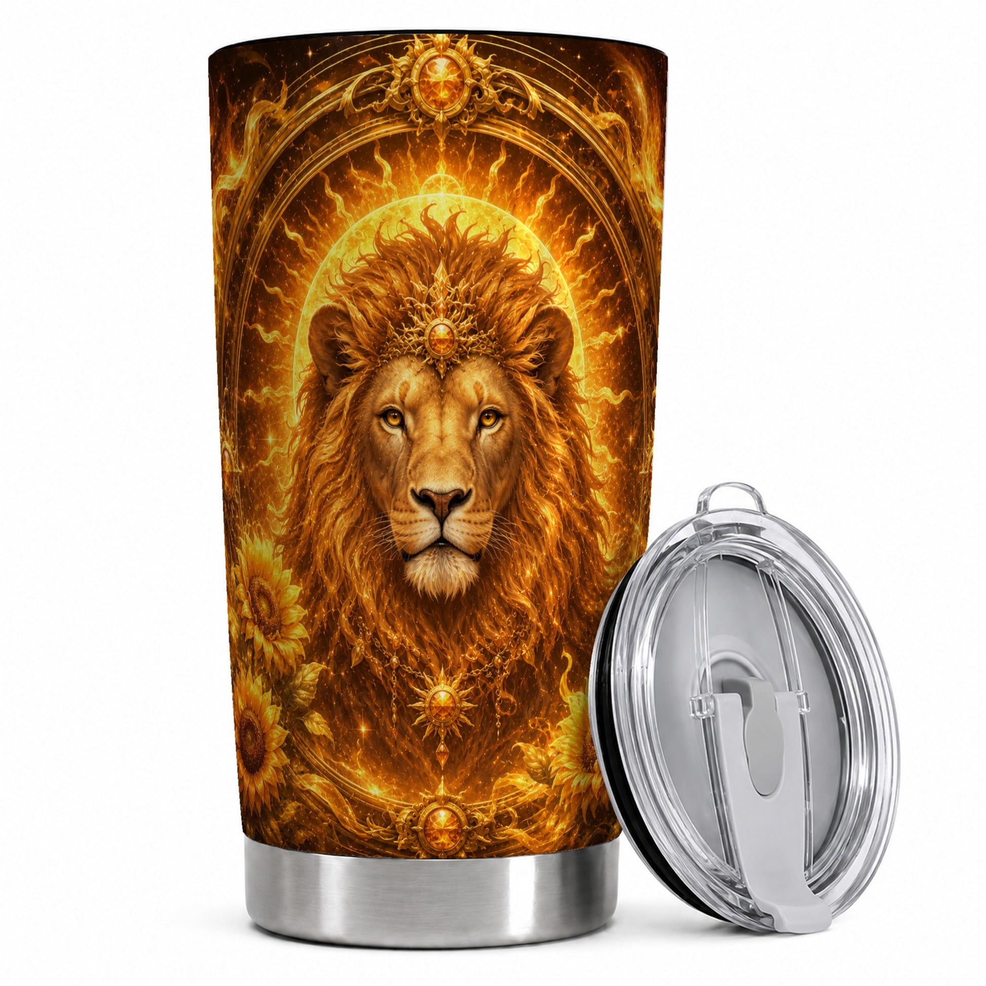 Leo Lion 20oz Skinny Tumbler, Solar Zodiac Sunflower Celestial Art