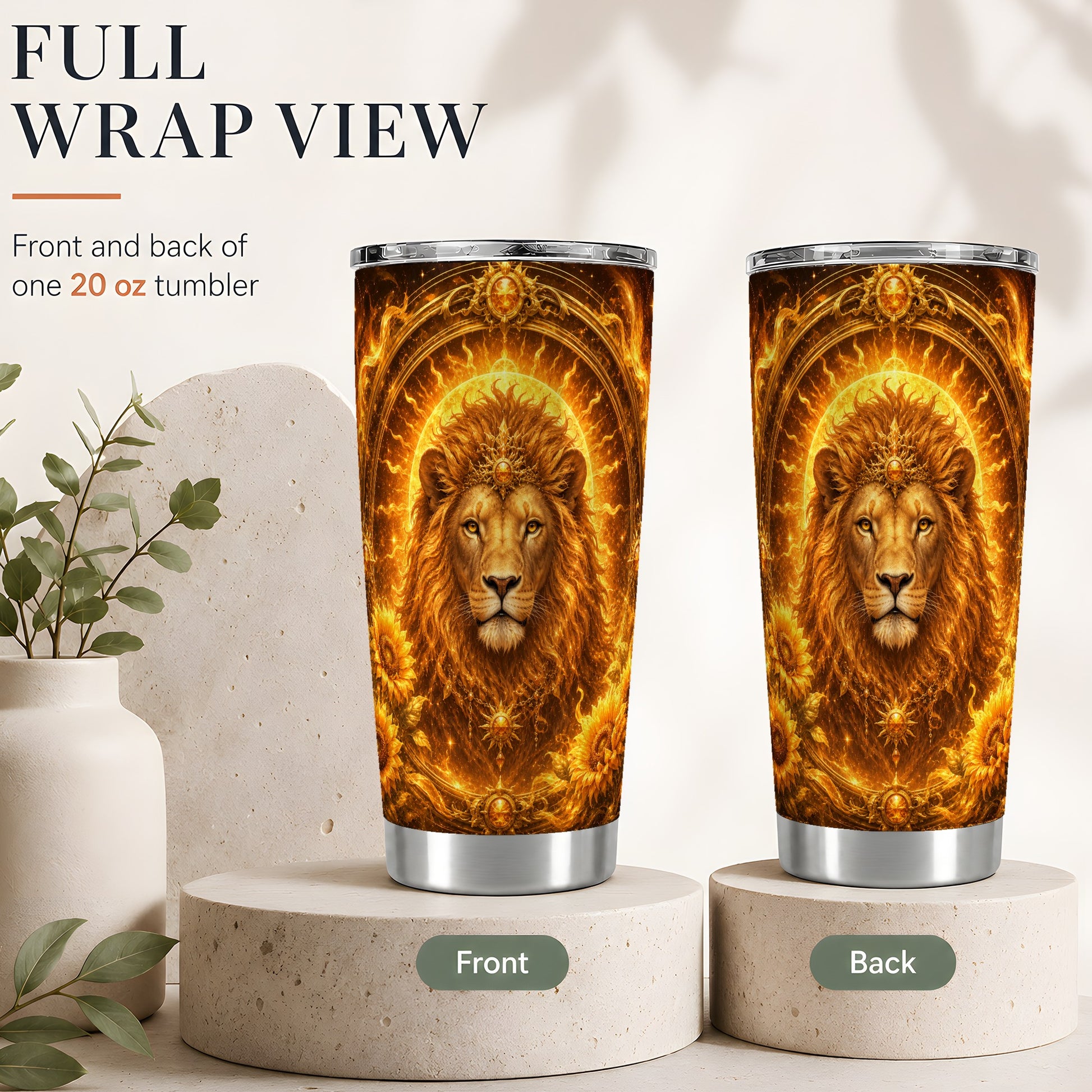 #pl[20oz|Steel] Leo Lion 20oz Skinny Tumbler, Solar Zodiac Sunflower Celestial Art