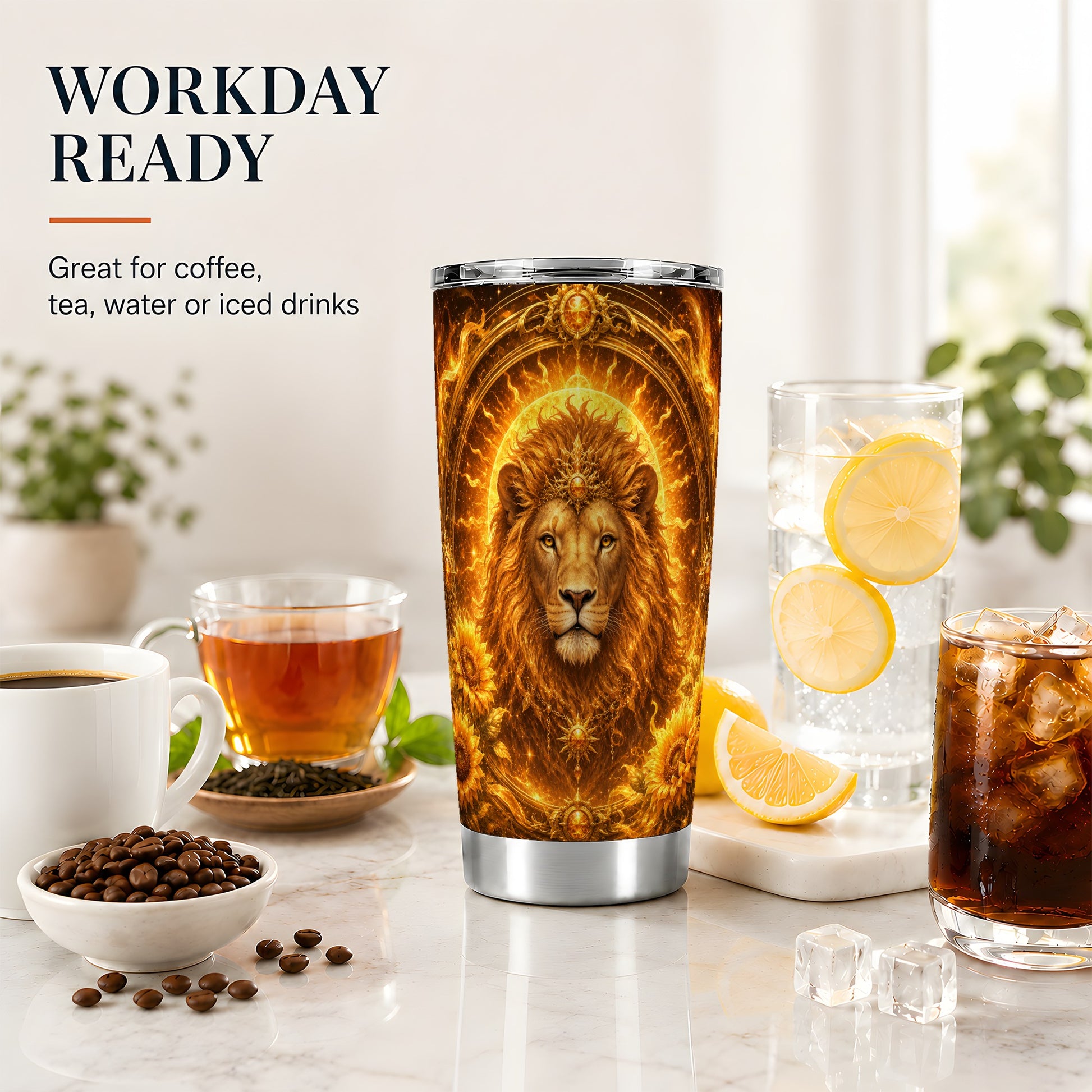 #pl[20oz|Steel] Leo Lion 20oz Skinny Tumbler, Solar Zodiac Sunflower Celestial Art