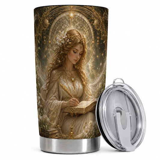 Virgo Maiden 20oz Skinny Tumbler, Celestial Zodiac Floral Writing Art