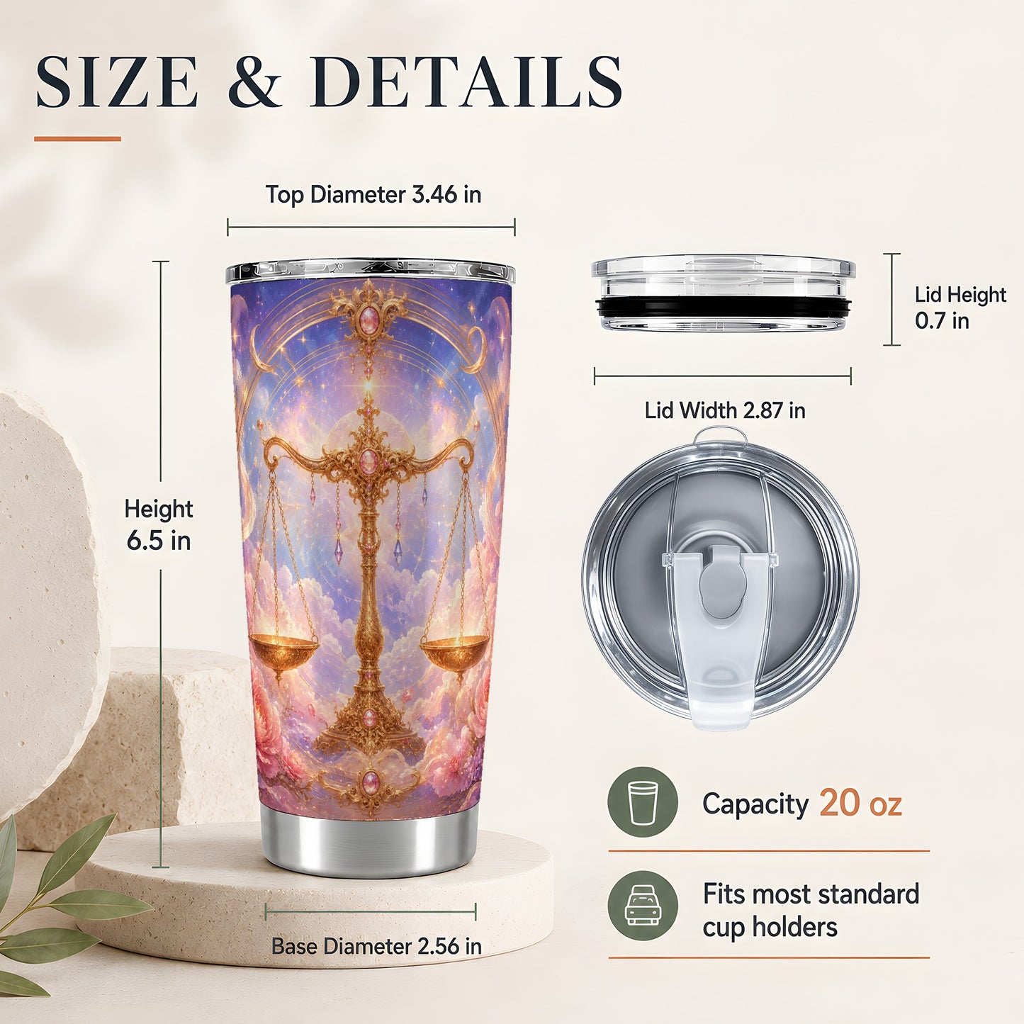 #pl[20oz|Steel] Libra Zodiac 20oz Skinny Tumbler, Celestial Floral Balance Scales