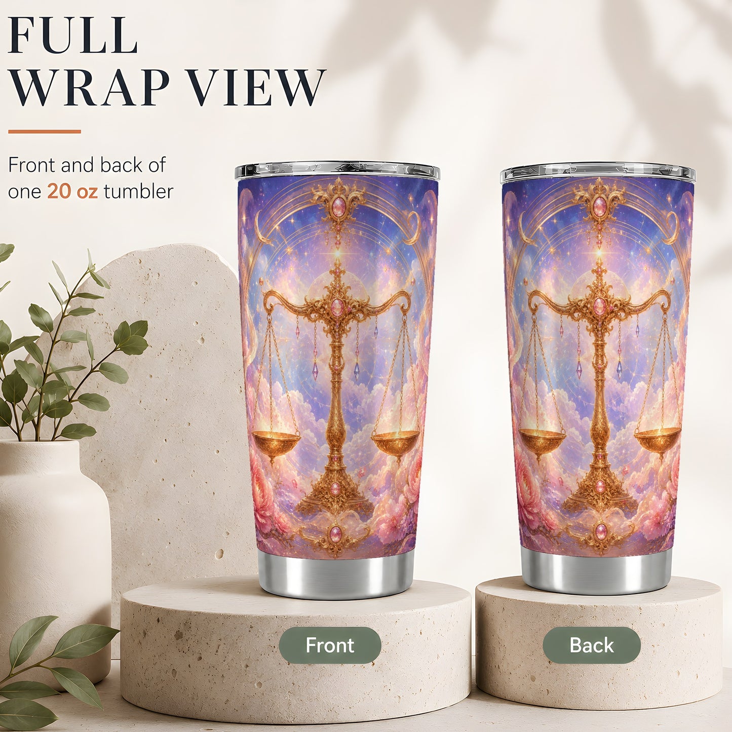 #pl[20oz|Steel] Libra Zodiac 20oz Skinny Tumbler, Celestial Floral Balance Scales