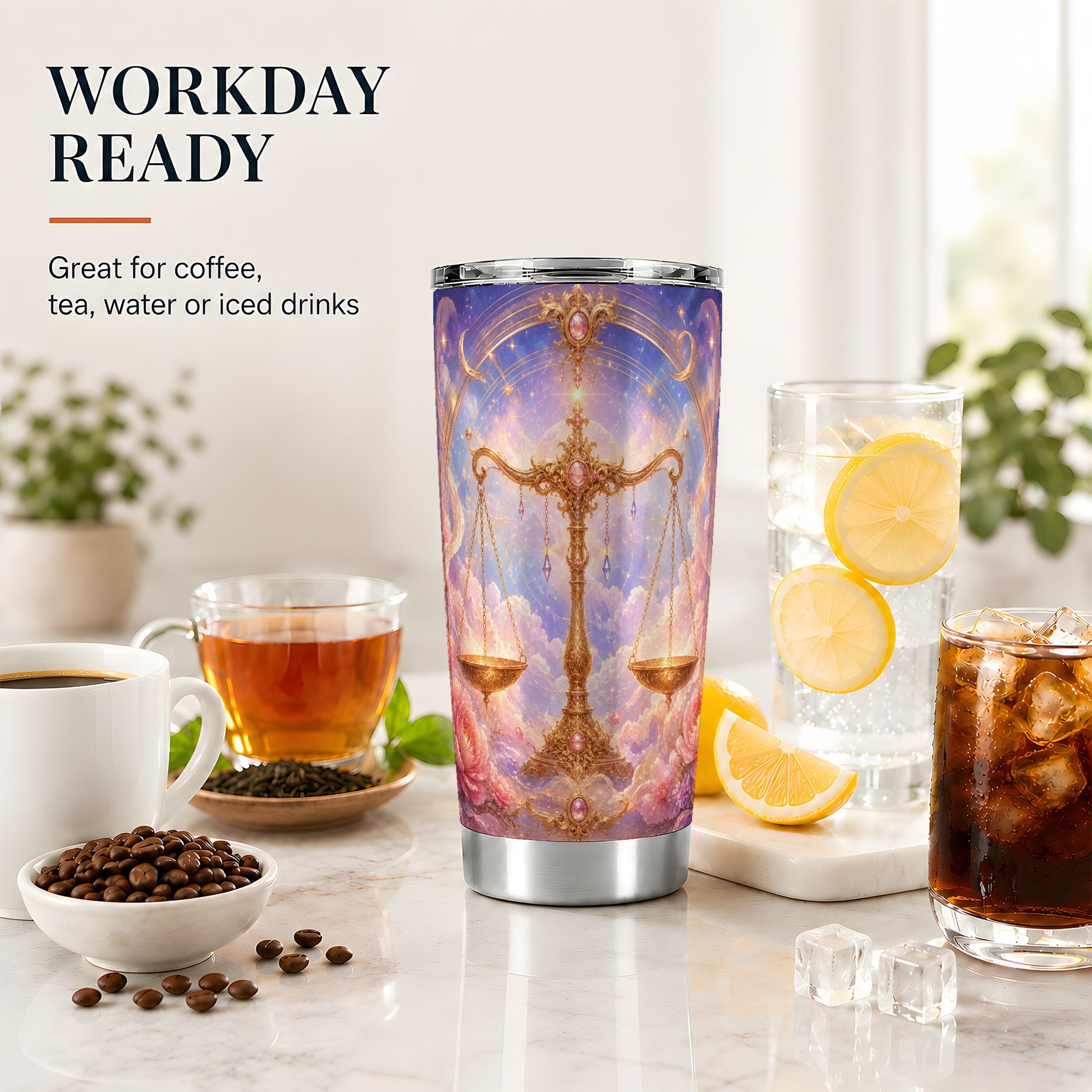 #pl[20oz|Steel] Libra Zodiac 20oz Skinny Tumbler, Celestial Floral Balance Scales