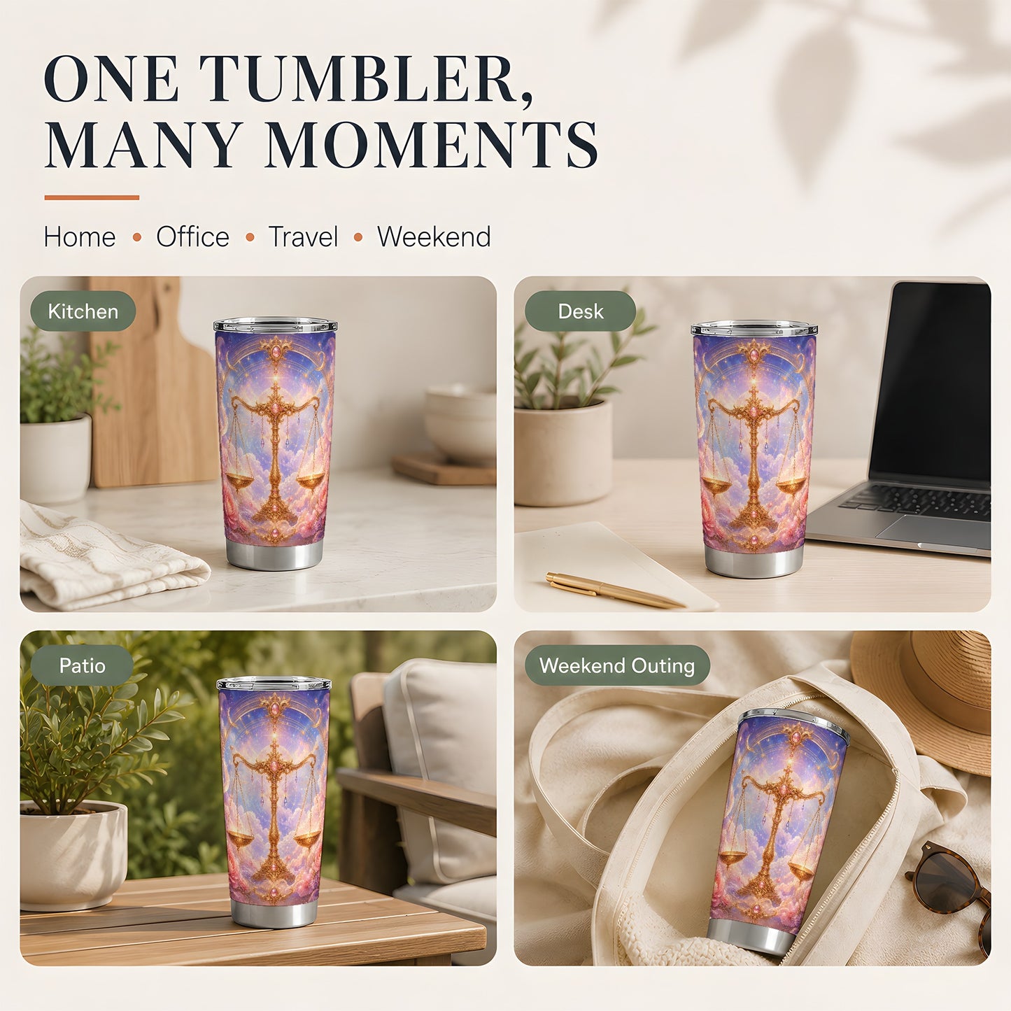 #pl[20oz|Steel] Libra Zodiac 20oz Skinny Tumbler, Celestial Floral Balance Scales
