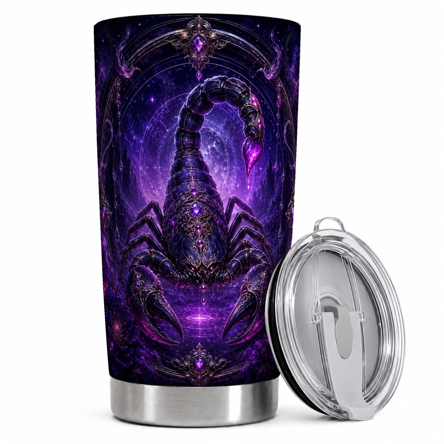 Scorpio Zodiac 20oz Skinny Tumbler, Purple Celestial Scorpion Art
