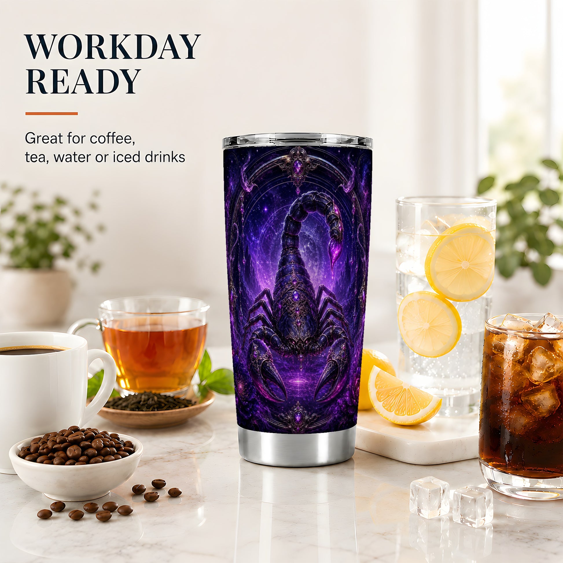#pl[20oz|Steel] Scorpio Zodiac 20oz Skinny Tumbler, Purple Celestial Scorpion Art